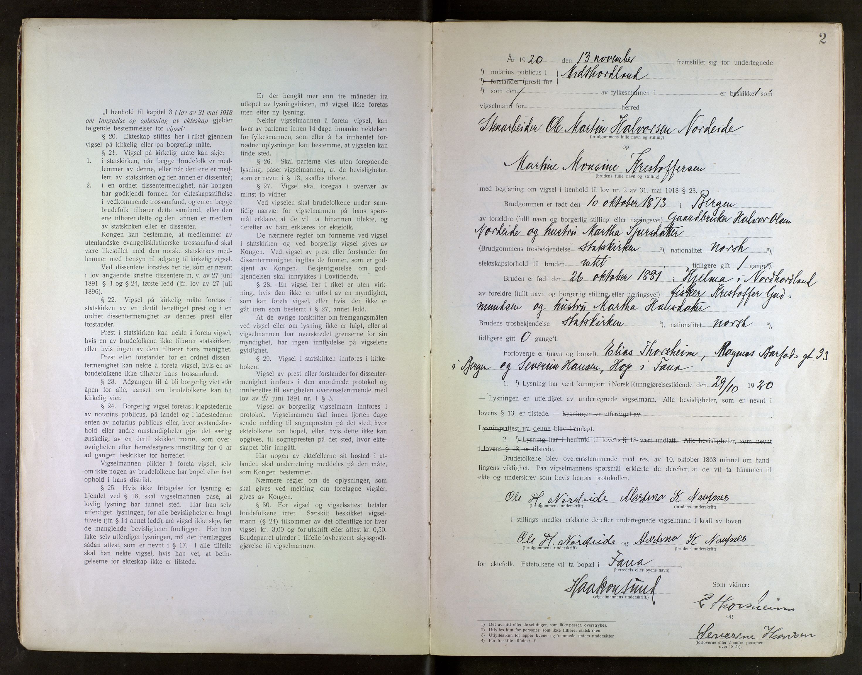 Midhordland sorenskriveri, SAB/A-3001/1/M/Mc/Mca/L0001: Notarialbilag. Vigselbøker, 1920-1939, p. 2