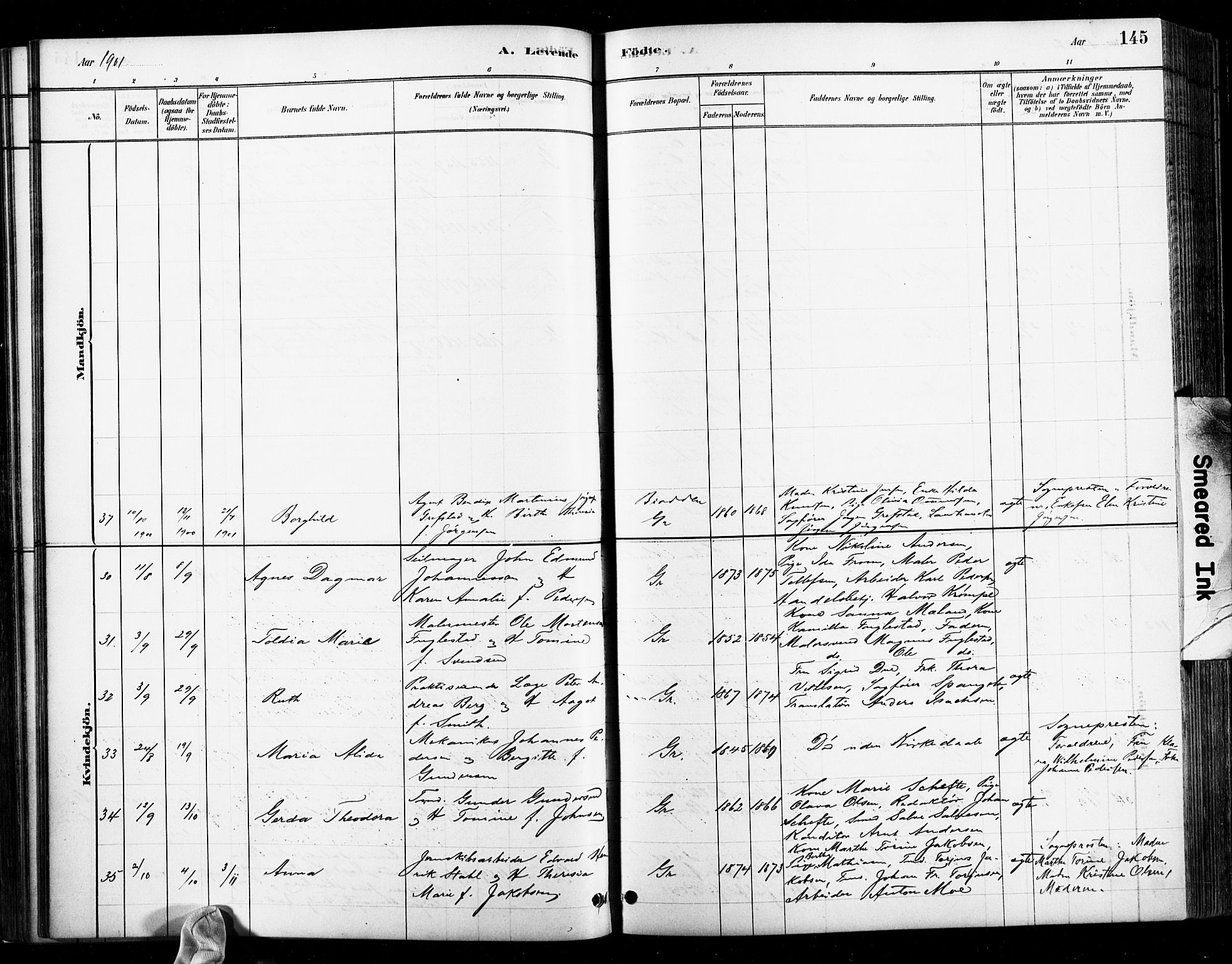 Grimstad sokneprestkontor, SAK/1111-0017/F/Fb/L0001: Parish register (copy) no. B 1, 1881-1922, p. 145
