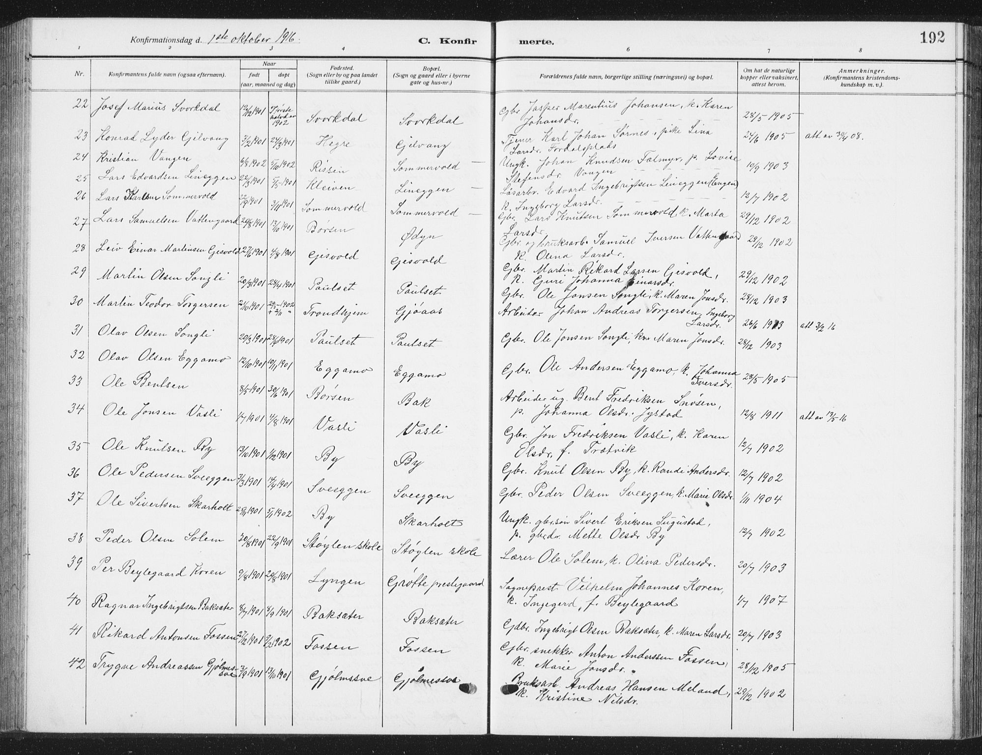 Ministerialprotokoller, klokkerbøker og fødselsregistre - Sør-Trøndelag, SAT/A-1456/668/L0820: Parish register (copy) no. 668C09, 1912-1936, p. 192