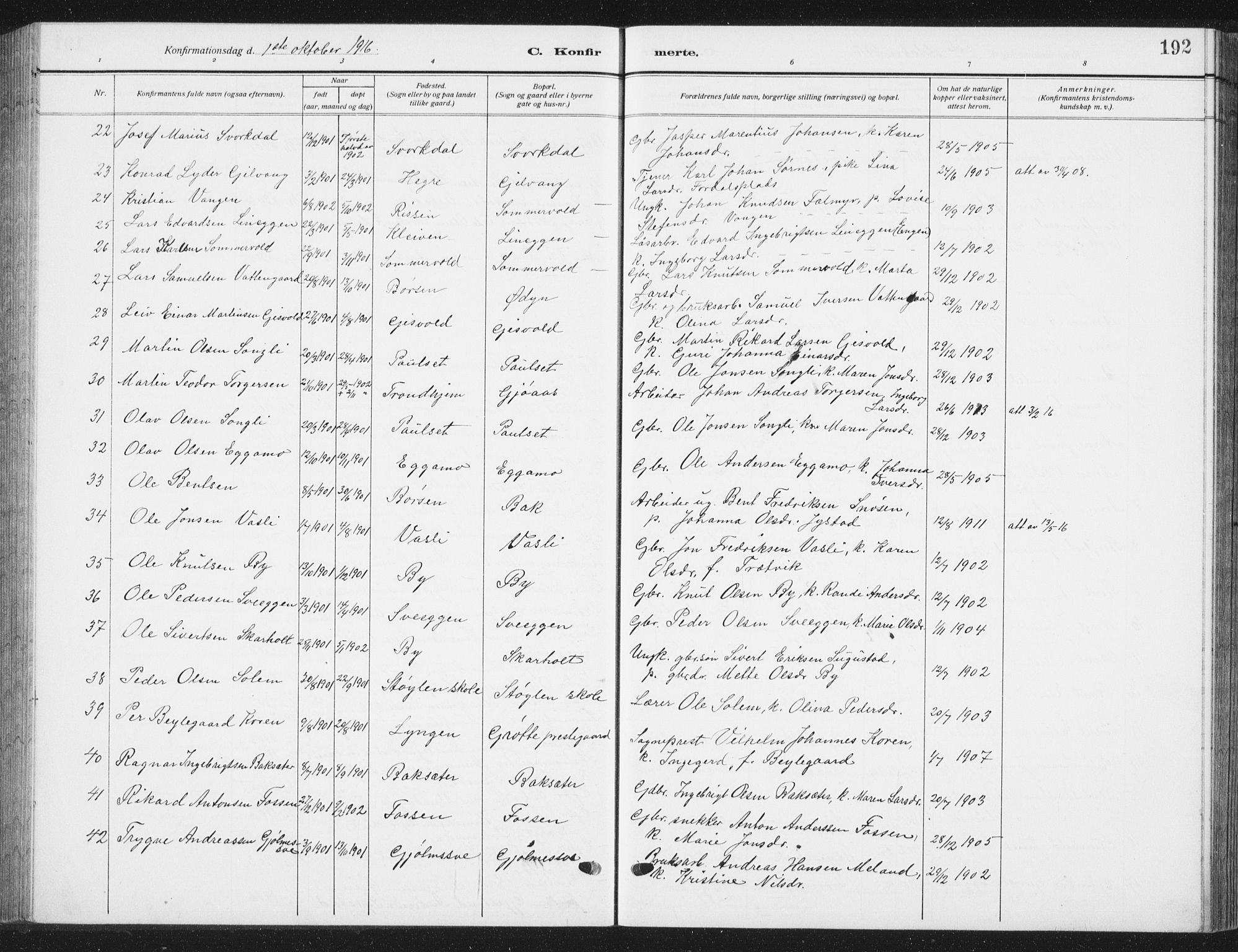 Ministerialprotokoller, klokkerbøker og fødselsregistre - Sør-Trøndelag, AV/SAT-A-1456/668/L0820: Parish register (copy) no. 668C09, 1912-1936, p. 192