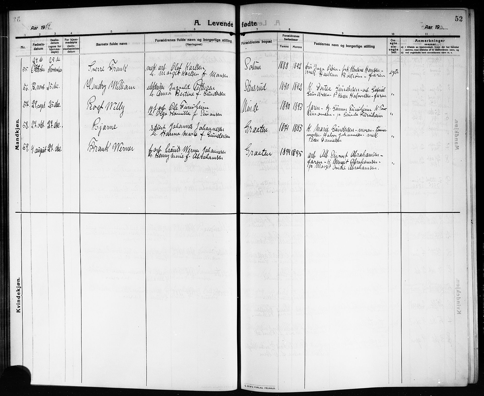 Solum kirkebøker, SAKO/A-306/G/Ga/L0009: Parish register (copy) no. I 9, 1909-1922, p. 52