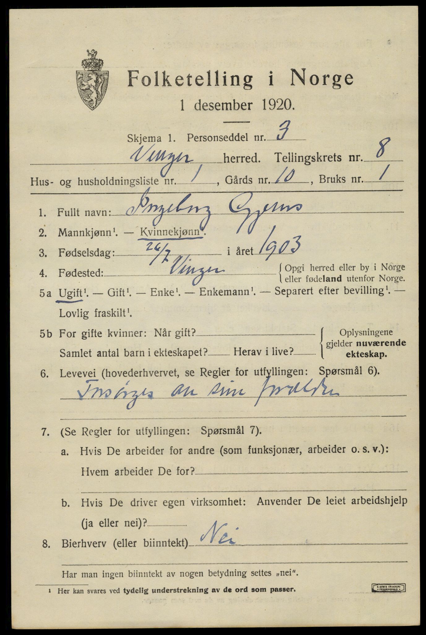 SAH, 1920 census for Vinger, 1920, p. 6966