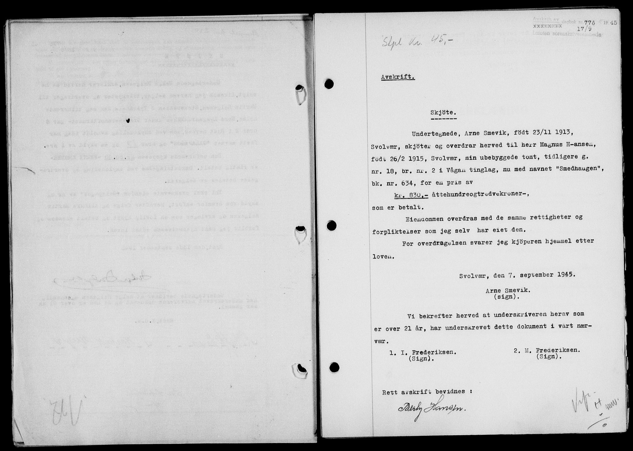 Lofoten sorenskriveri, SAT/A-0017/1/2/2C/L0013a: Mortgage book no. 13a, 1944-1946, Diary no: : 776/1945