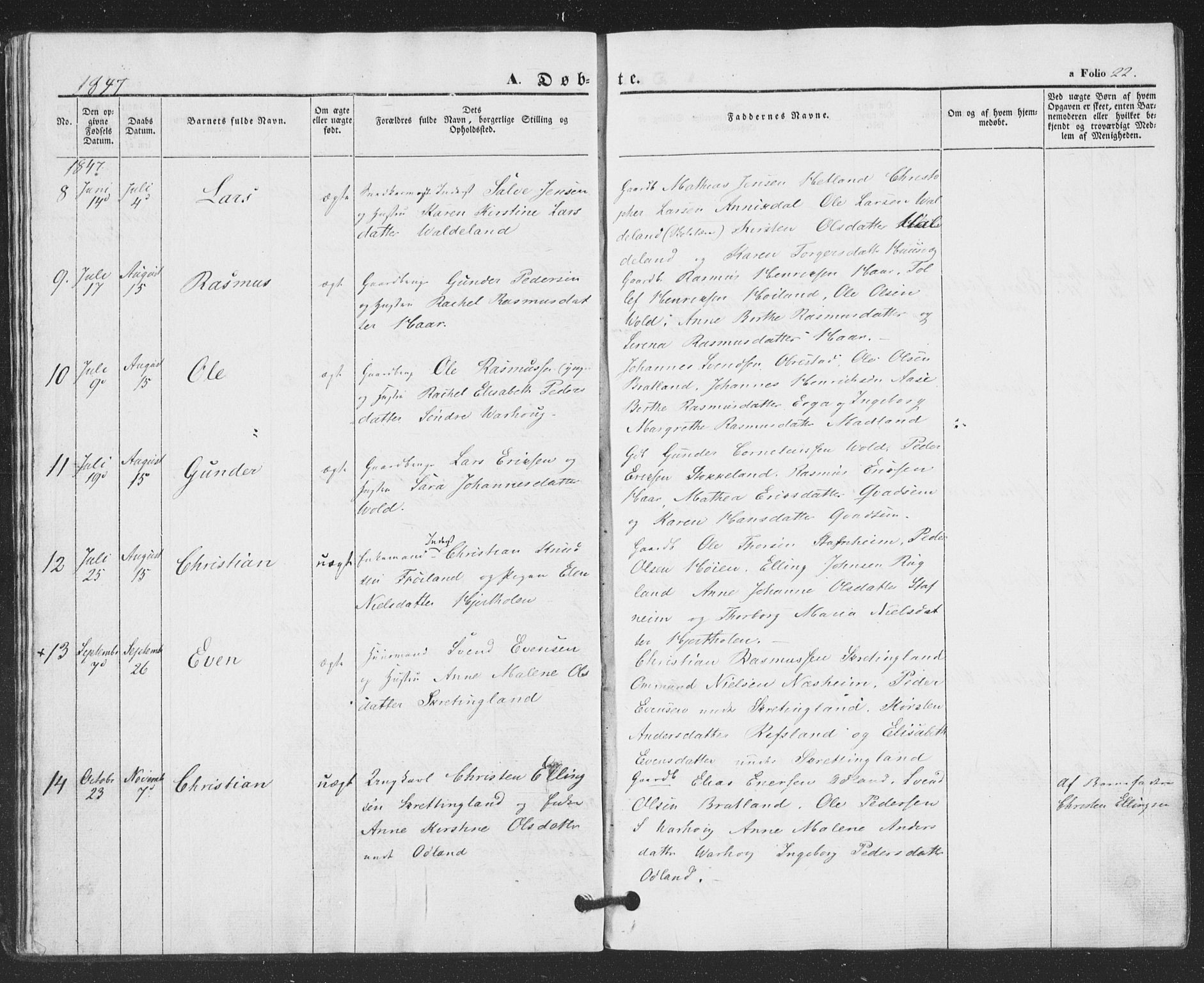 Hå sokneprestkontor, AV/SAST-A-101801/001/30BA/L0007: Parish register (official) no. A 6, 1842-1855, p. 22