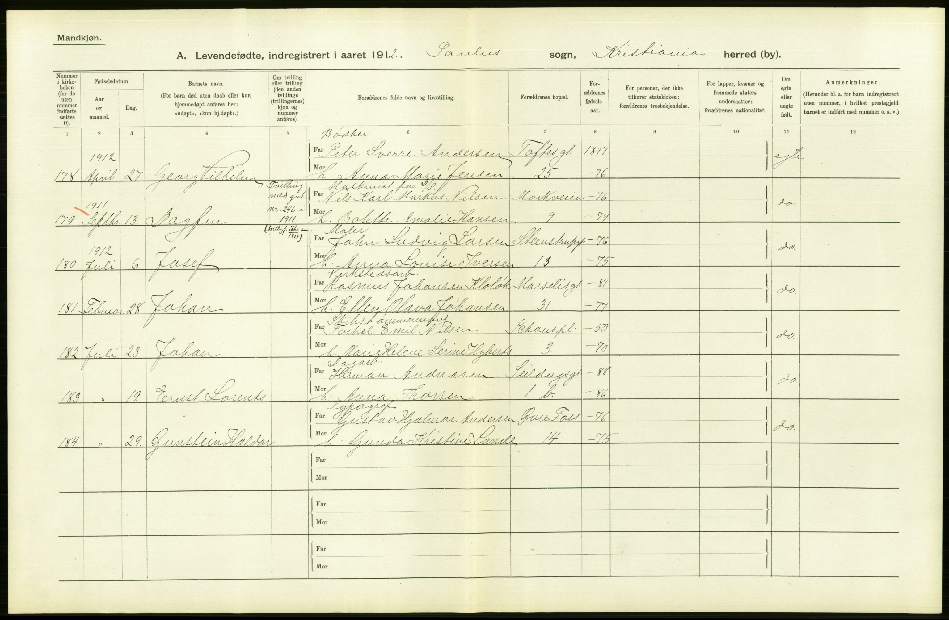 Statistisk sentralbyrå, Sosiodemografiske emner, Befolkning, RA/S-2228/D/Df/Dfb/Dfbb/L0006: Kristiania:  Levendefødte menn og kvinner., 1912, p. 172