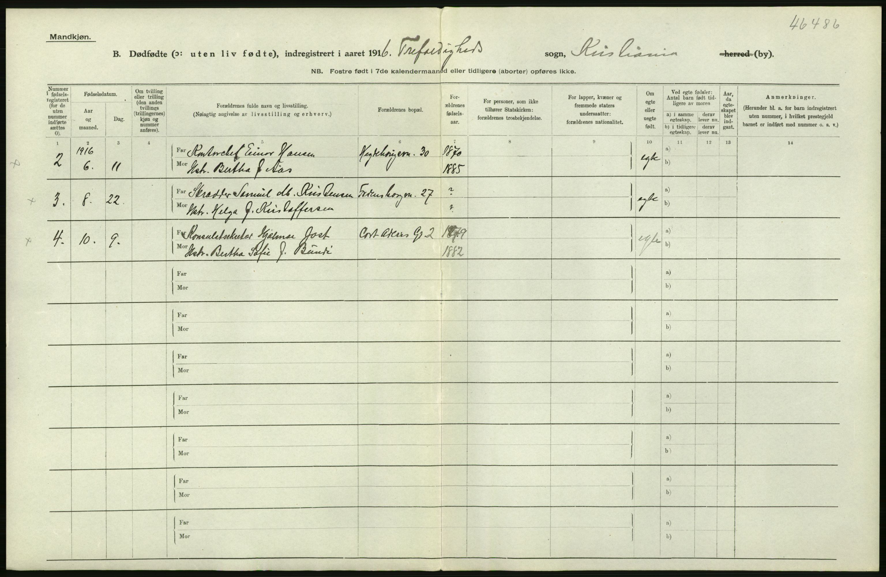 Statistisk sentralbyrå, Sosiodemografiske emner, Befolkning, AV/RA-S-2228/D/Df/Dfb/Dfbf/L0010: Kristiania: Døde, dødfødte., 1916, p. 488