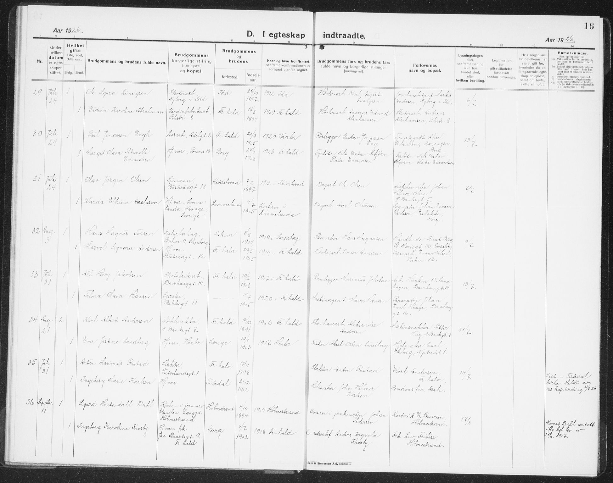 Halden prestekontor Kirkebøker, SAO/A-10909/G/Ga/L0014: Parish register (copy) no. 14, 1925-1943, p. 16