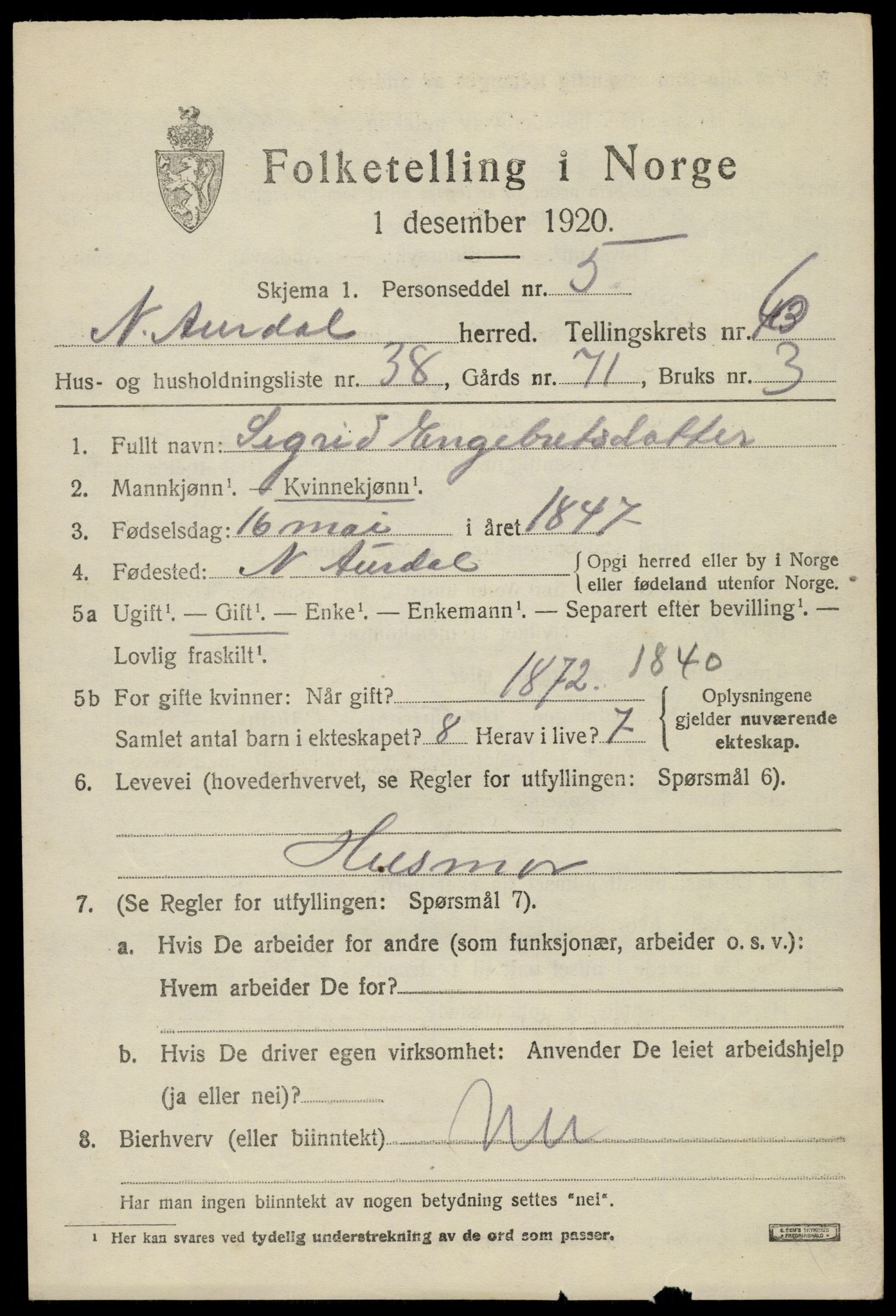 SAH, 1920 census for Nord-Aurdal, 1920, p. 5956