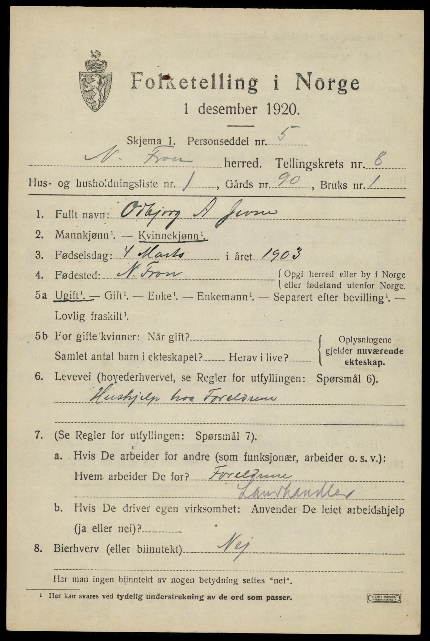 SAH, 1920 census for Nord-Fron, 1920, p. 6682