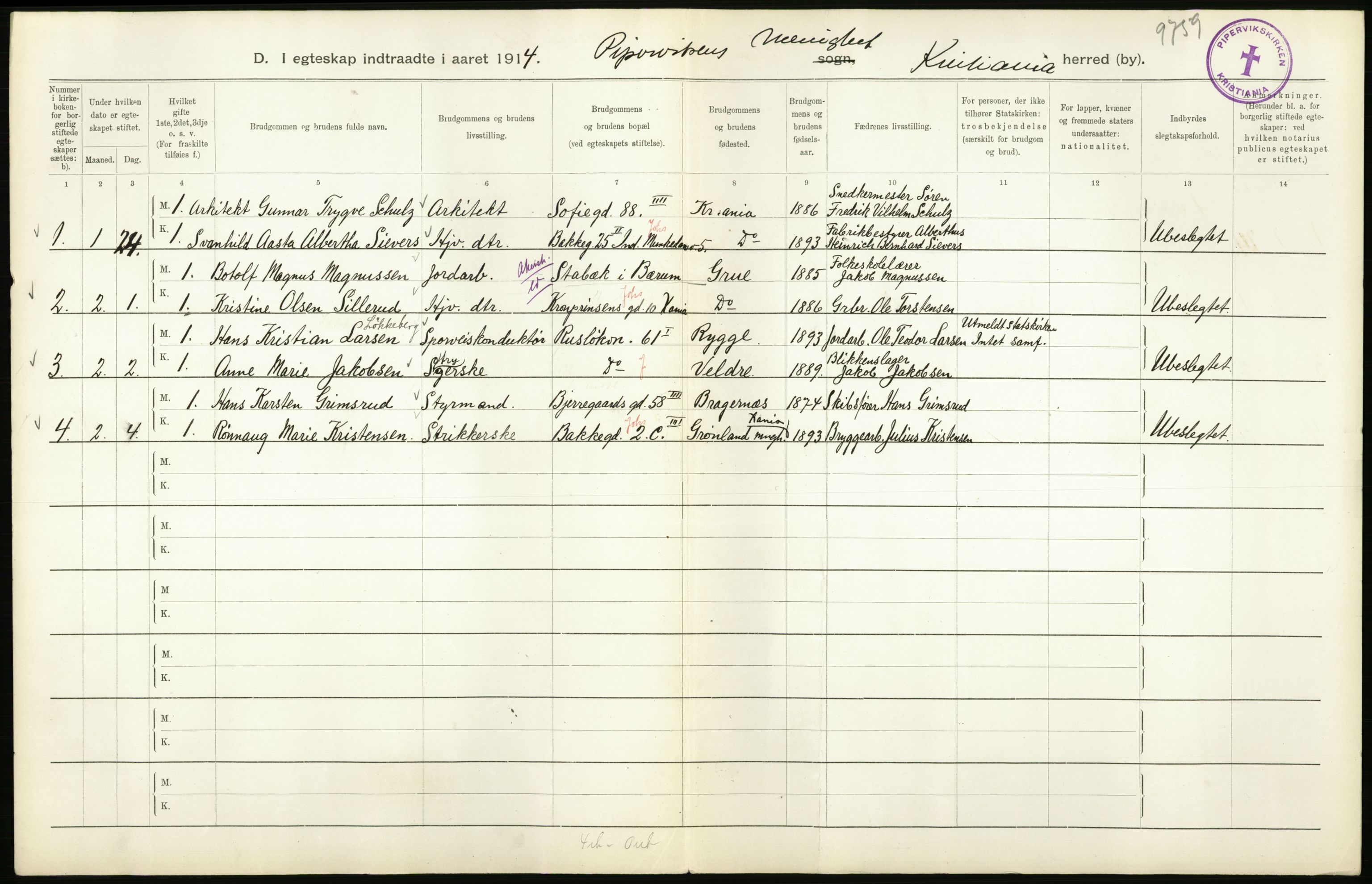 Statistisk sentralbyrå, Sosiodemografiske emner, Befolkning, RA/S-2228/D/Df/Dfb/Dfbd/L0007: Kristiania: Gifte, 1914, p. 100