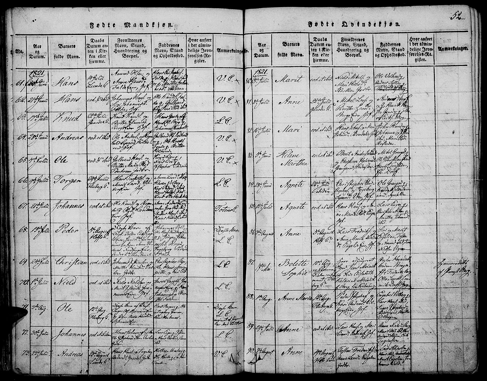 Land prestekontor, AV/SAH-PREST-120/H/Ha/Haa/L0007: Parish register (official) no. 7, 1814-1830, p. 52