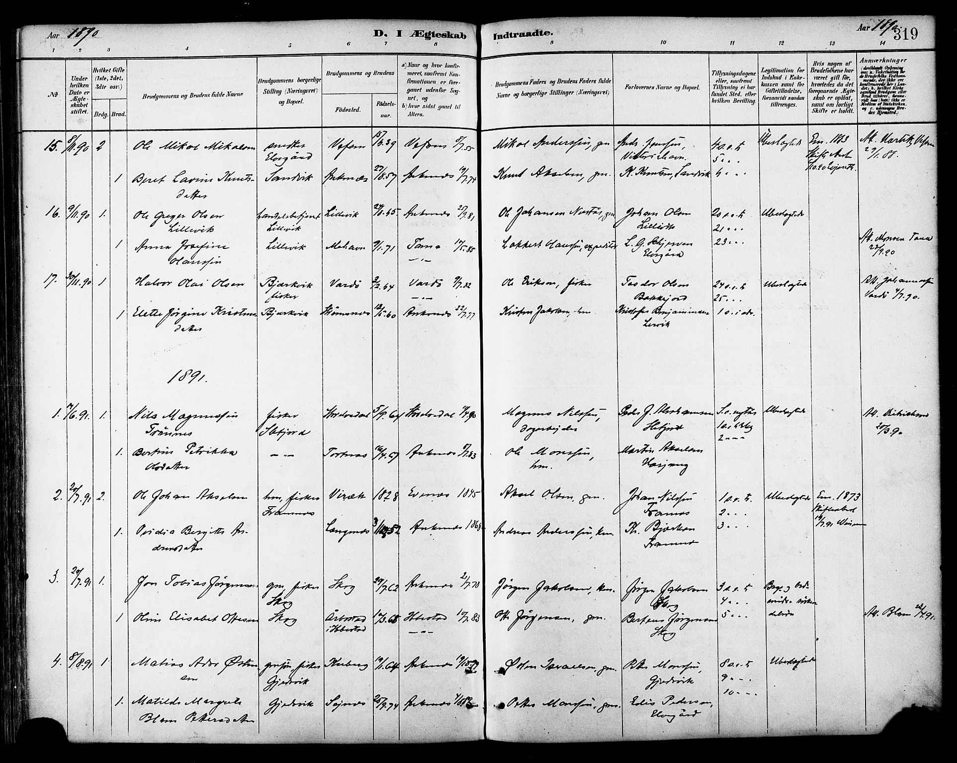 Ministerialprotokoller, klokkerbøker og fødselsregistre - Nordland, AV/SAT-A-1459/866/L0938: Parish register (official) no. 866A01, 1879-1893, p. 319