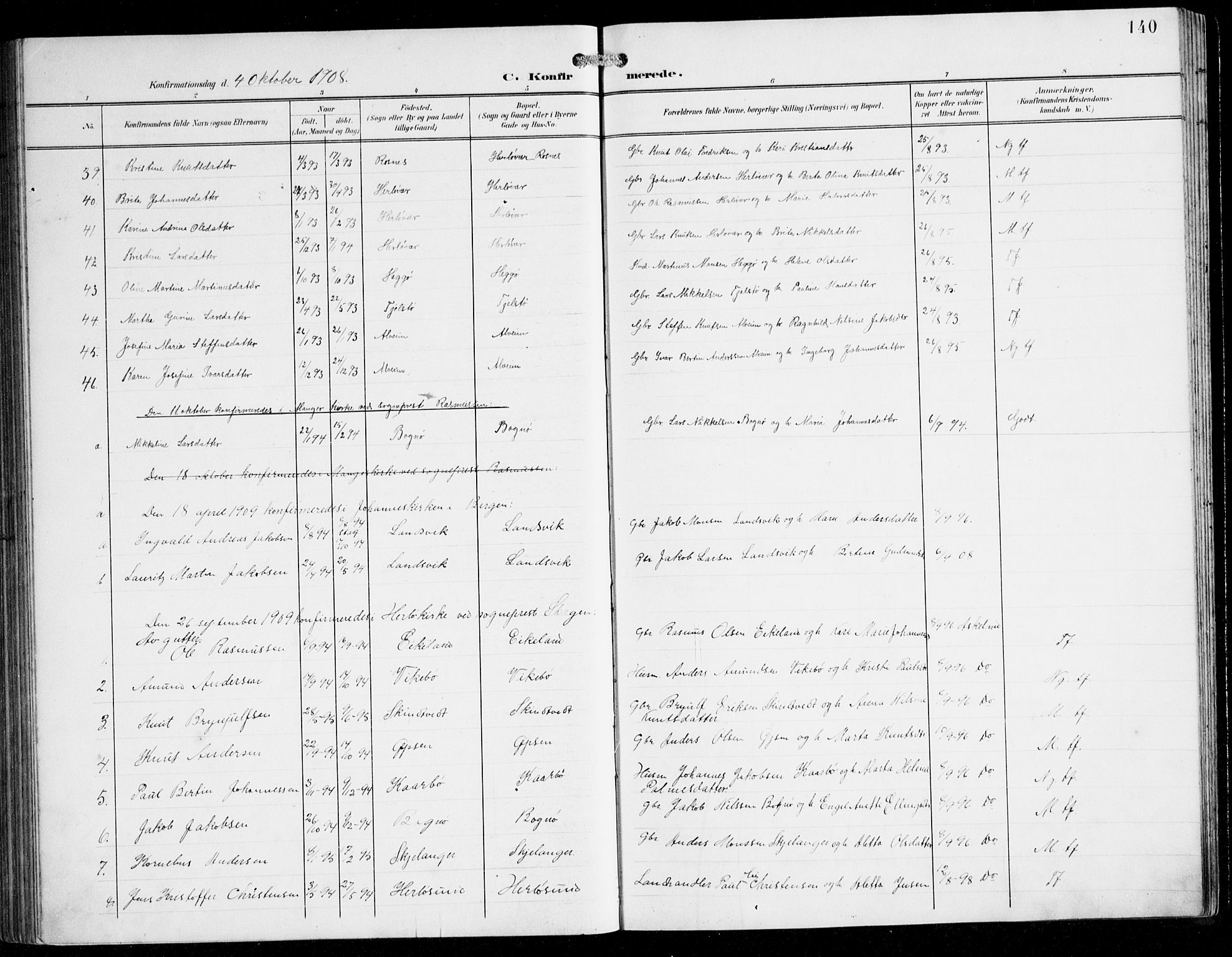 Herdla Sokneprestembete, AV/SAB-A-75701/H/Hab: Parish register (copy) no. C 1, 1900-1913, p. 140
