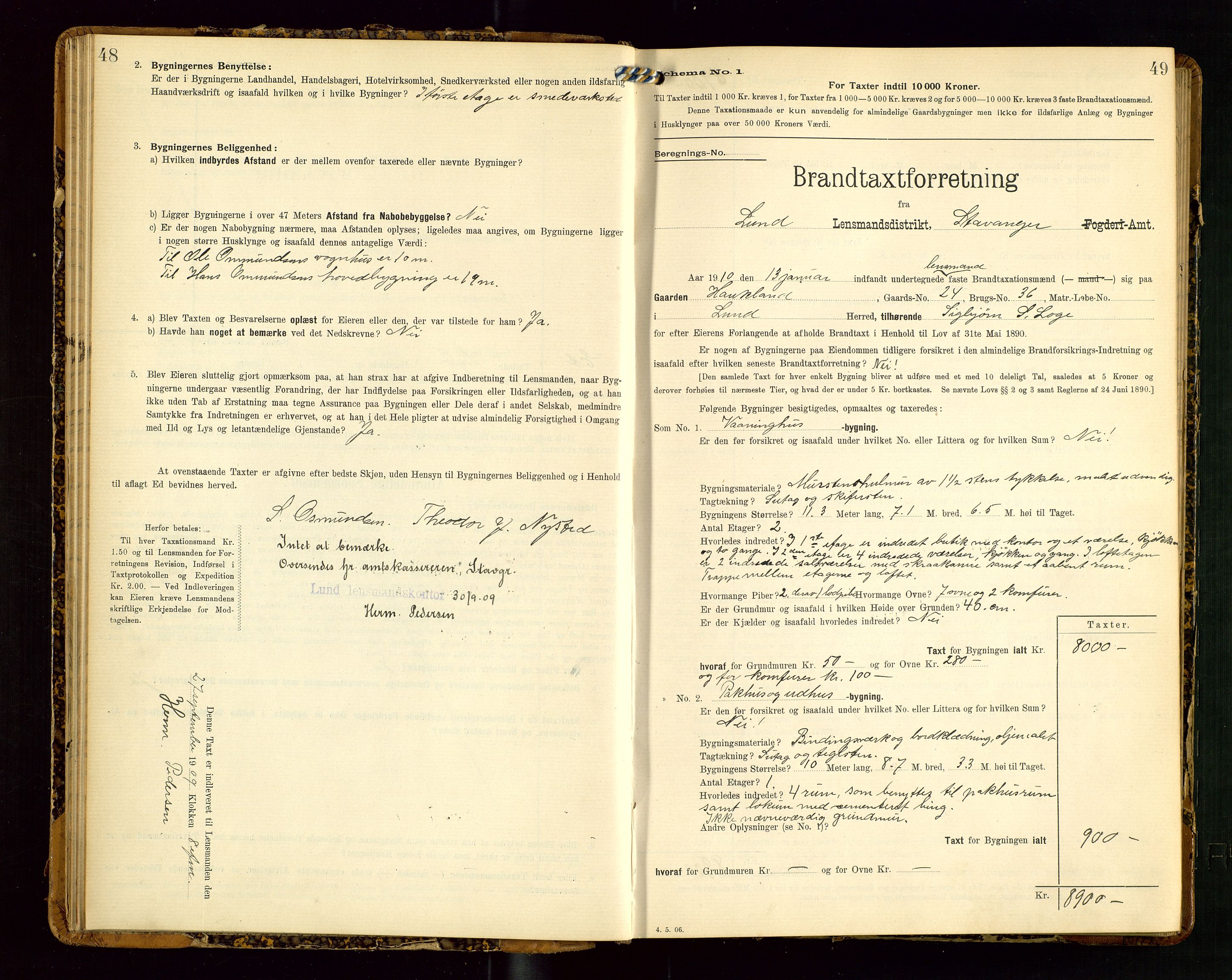 Lund lensmannskontor, SAST/A-100303/Gob/L0002: "Brandtakstprotokol", 1908-1918, p. 48-49