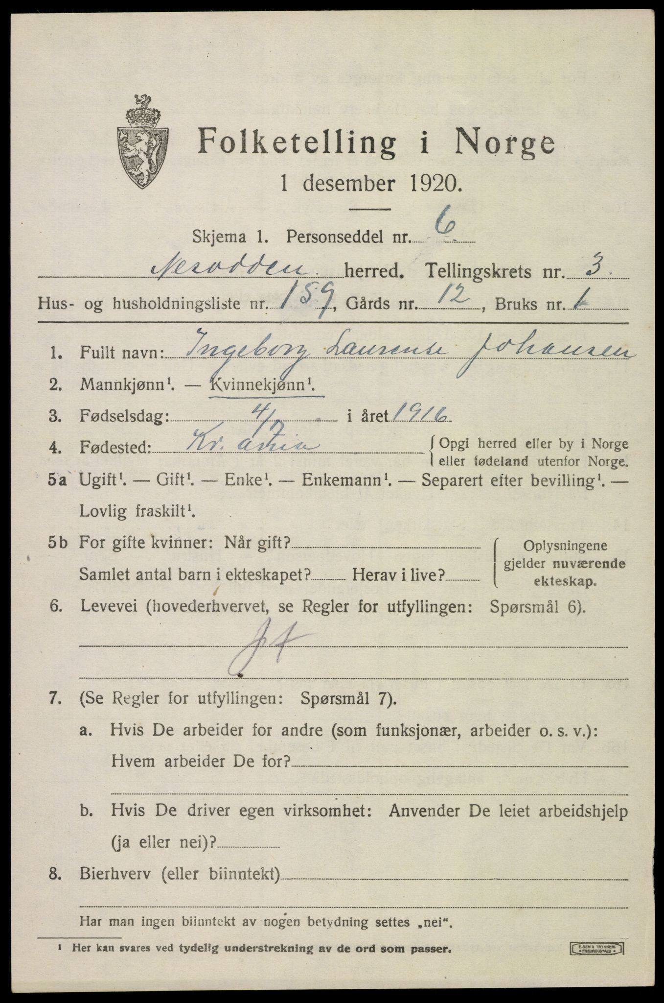 SAO, 1920 census for Nesodden, 1920, p. 4085