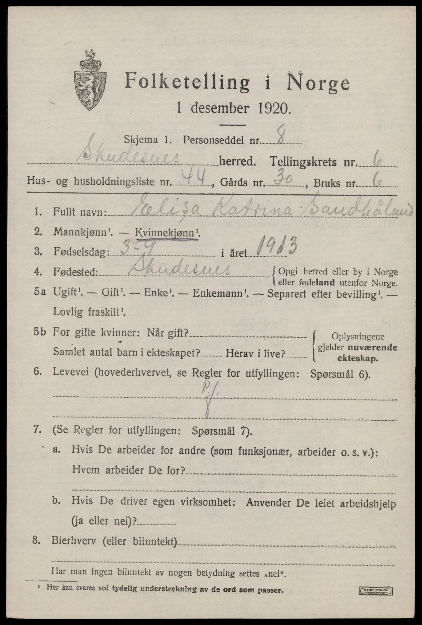 SAST, 1920 census for Skudenes, 1920, p. 5518