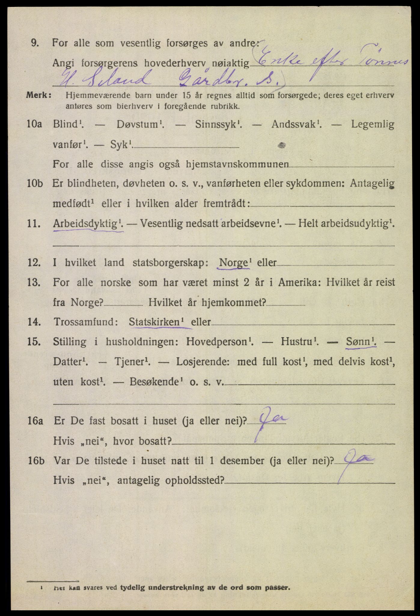 SAK, 1920 census for Tonstad, 1920, p. 1309