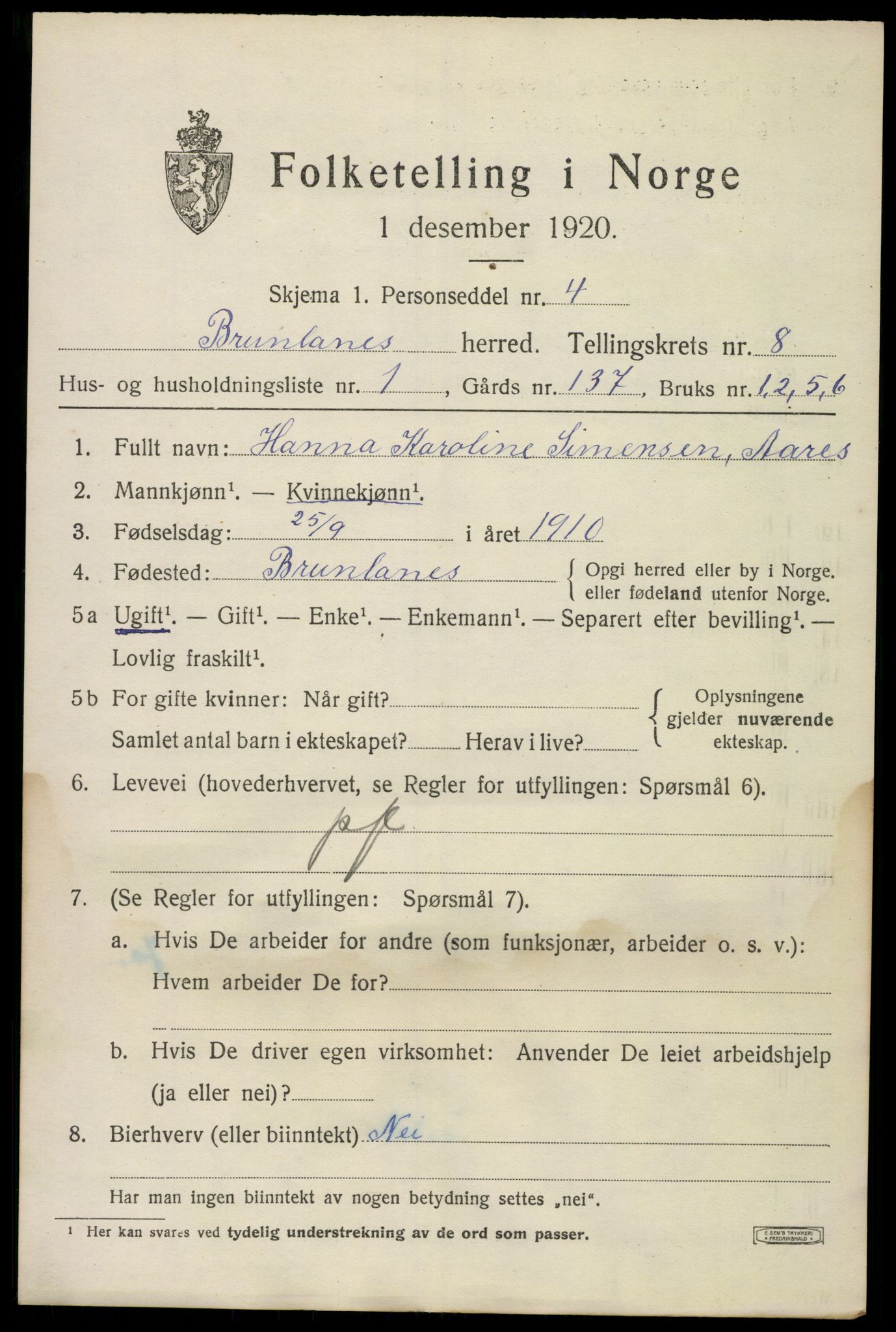 SAKO, 1920 census for Brunlanes, 1920, p. 7667