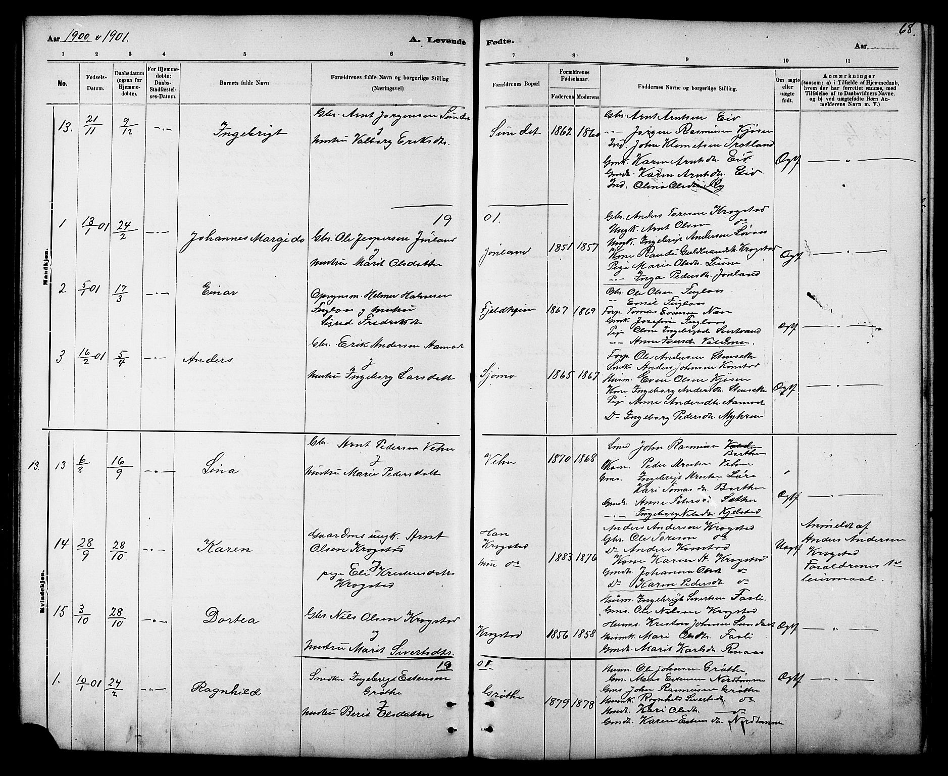 Ministerialprotokoller, klokkerbøker og fødselsregistre - Sør-Trøndelag, SAT/A-1456/694/L1132: Parish register (copy) no. 694C04, 1887-1914, p. 68