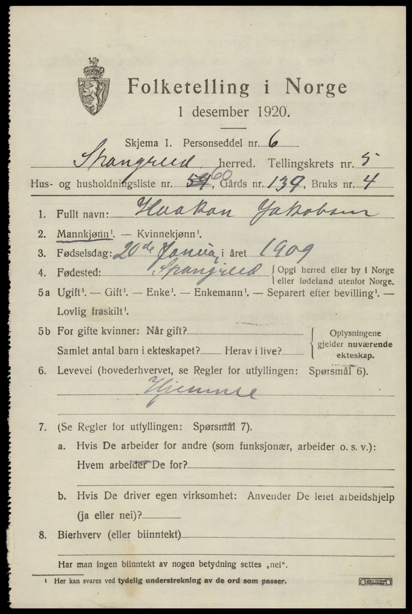 SAK, 1920 census for Spangereid, 1920, p. 2201