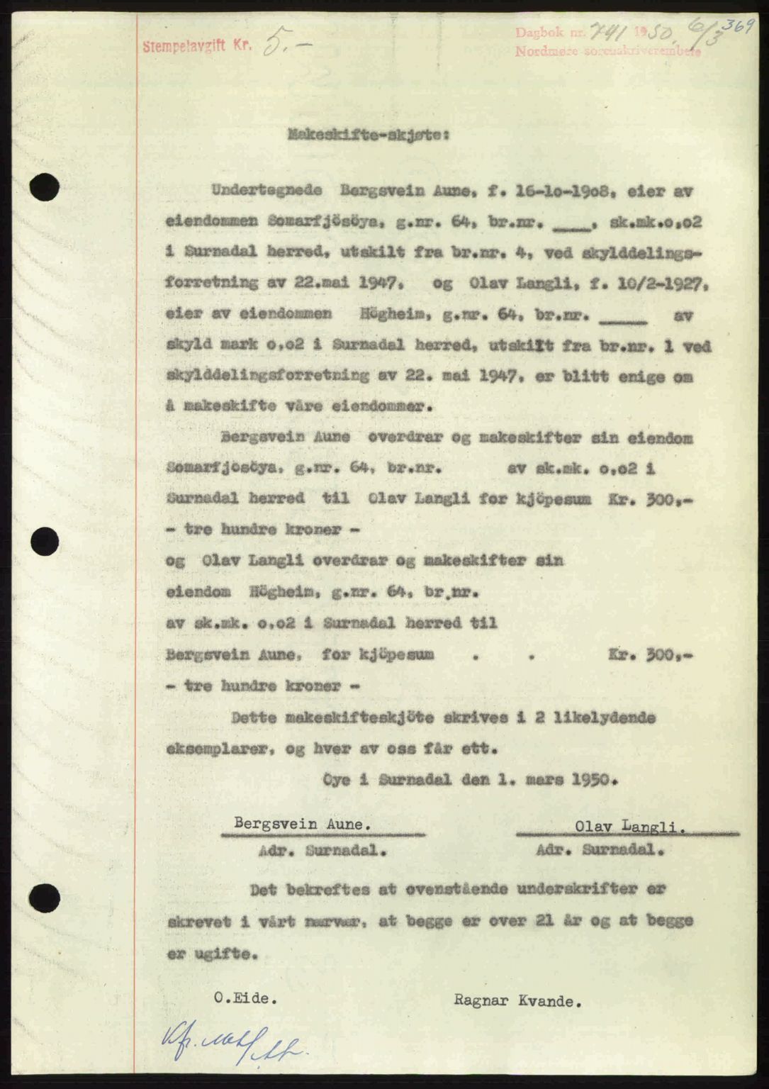 Nordmøre sorenskriveri, AV/SAT-A-4132/1/2/2Ca: Mortgage book no. A114, 1950-1950, Diary no: : 741/1950