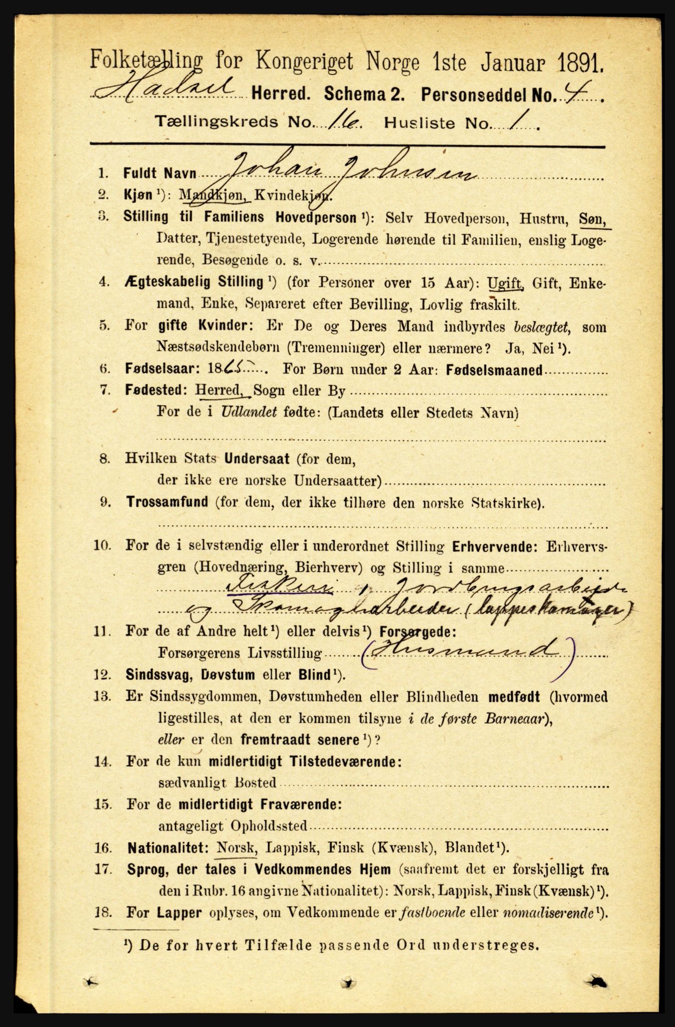 RA, 1891 census for 1866 Hadsel, 1891, p. 7275