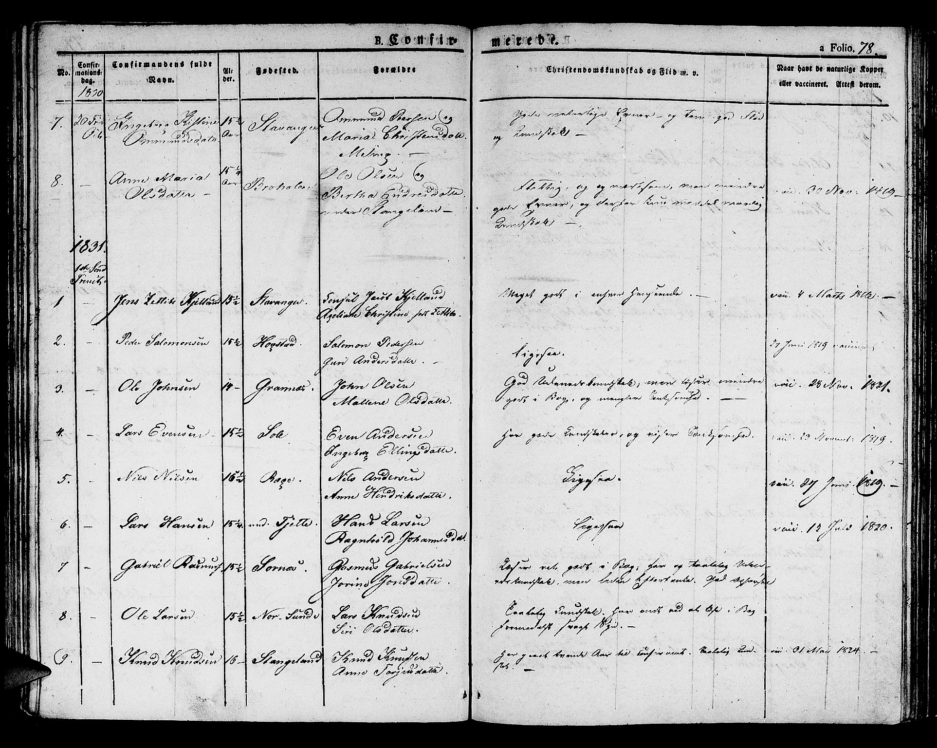 Håland sokneprestkontor, SAST/A-101802/001/30BA/L0005: Parish register (official) no. A 5, 1829-1841, p. 78