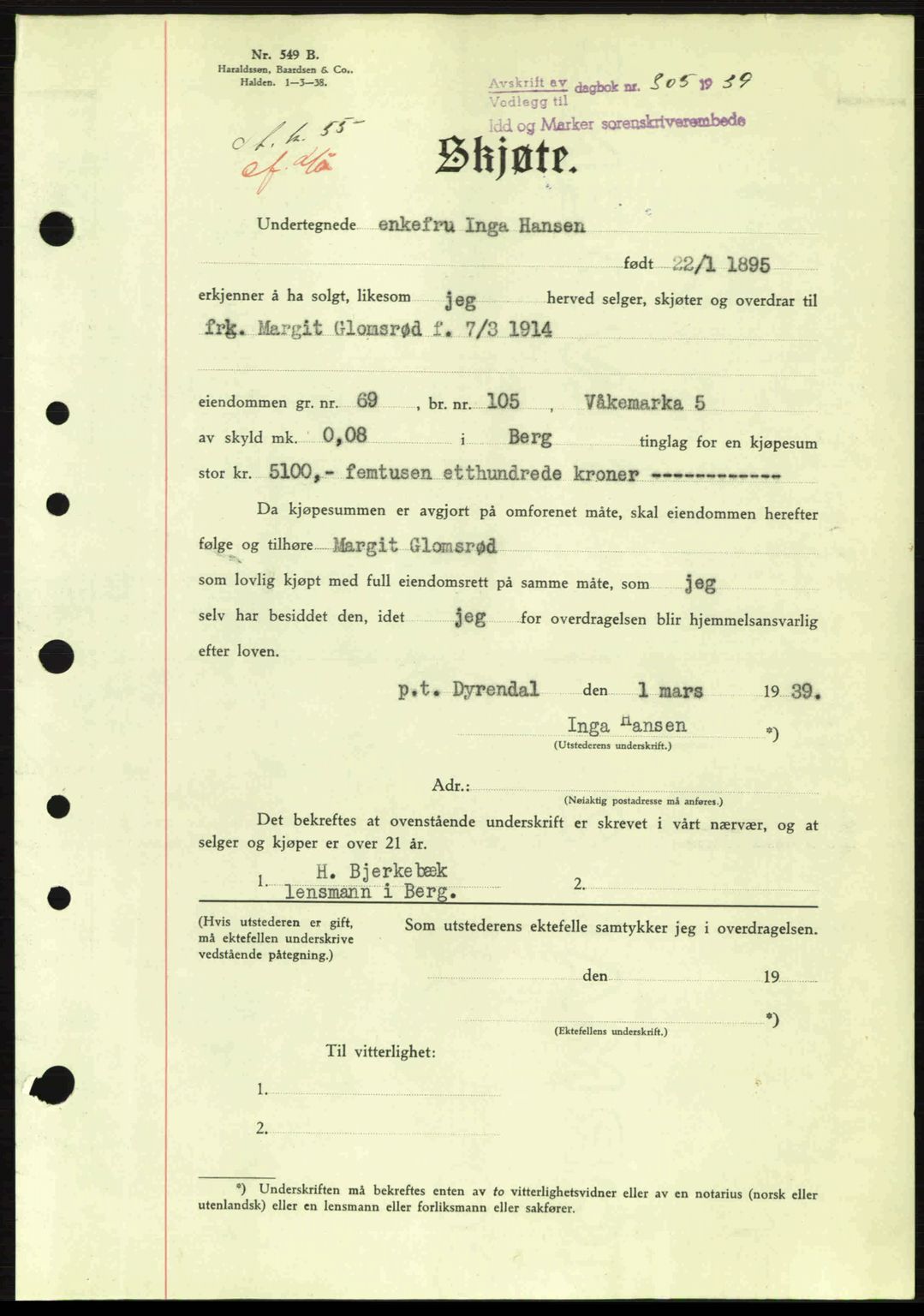 Idd og Marker sorenskriveri, AV/SAO-A-10283/G/Gb/Gbb/L0003: Mortgage book no. A3, 1938-1939, Diary no: : 305/1939