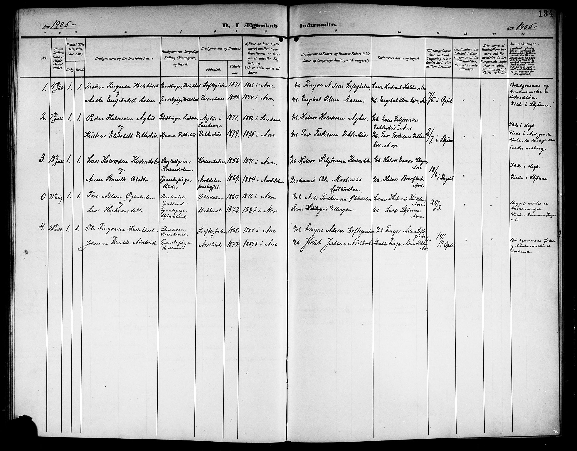 Nore kirkebøker, AV/SAKO-A-238/G/Ga/L0004: Parish register (copy) no. I 4, 1904-1919, p. 134