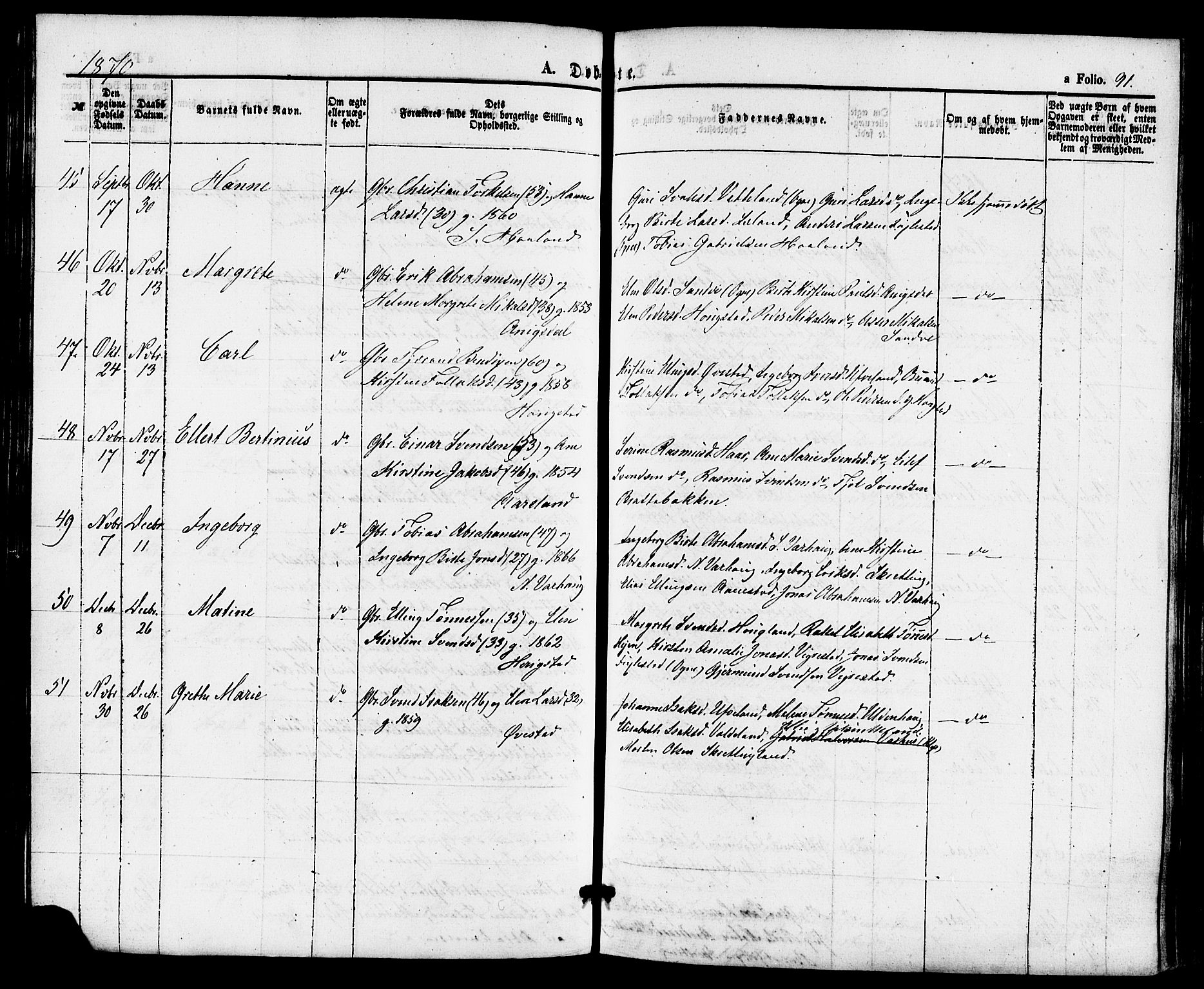 Hå sokneprestkontor, AV/SAST-A-101801/001/30BA/L0009: Parish register (official) no. A 8, 1855-1878, p. 91