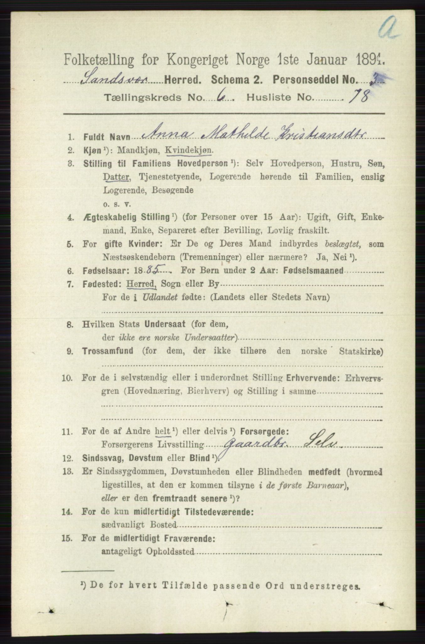 RA, 1891 census for 0629 Sandsvær, 1891, p. 3894