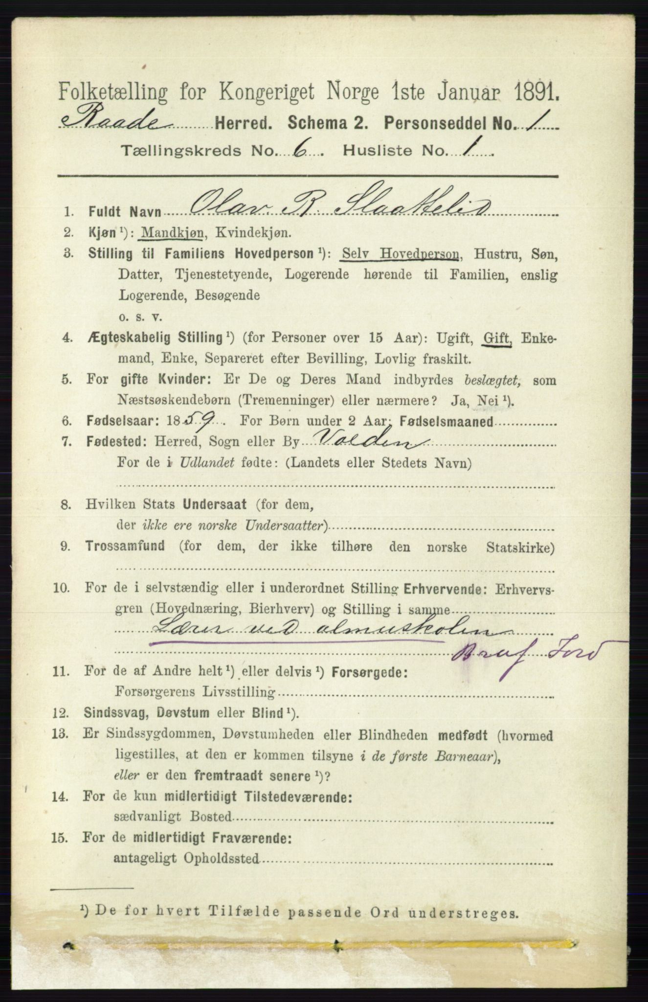 RA, 1891 census for 0135 Råde, 1891, p. 3155