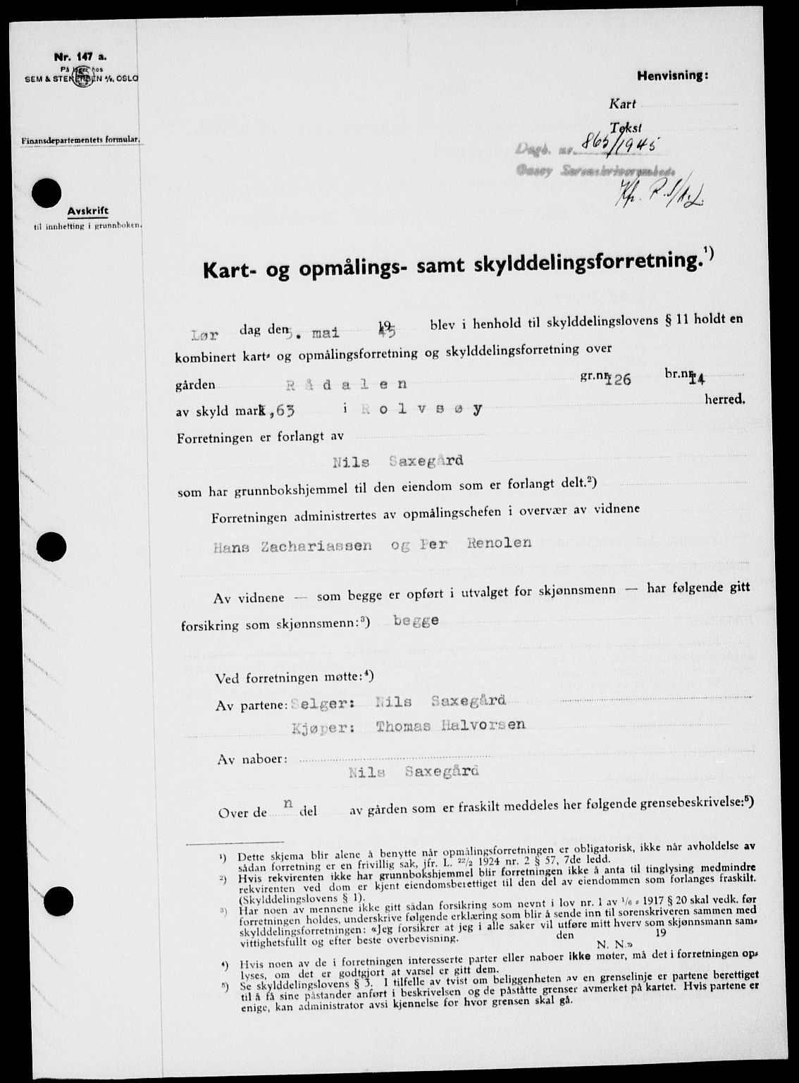 Onsøy sorenskriveri, AV/SAO-A-10474/G/Ga/Gab/L0014: Mortgage book no. II A-14, 1944-1945, Diary no: : 865/1945