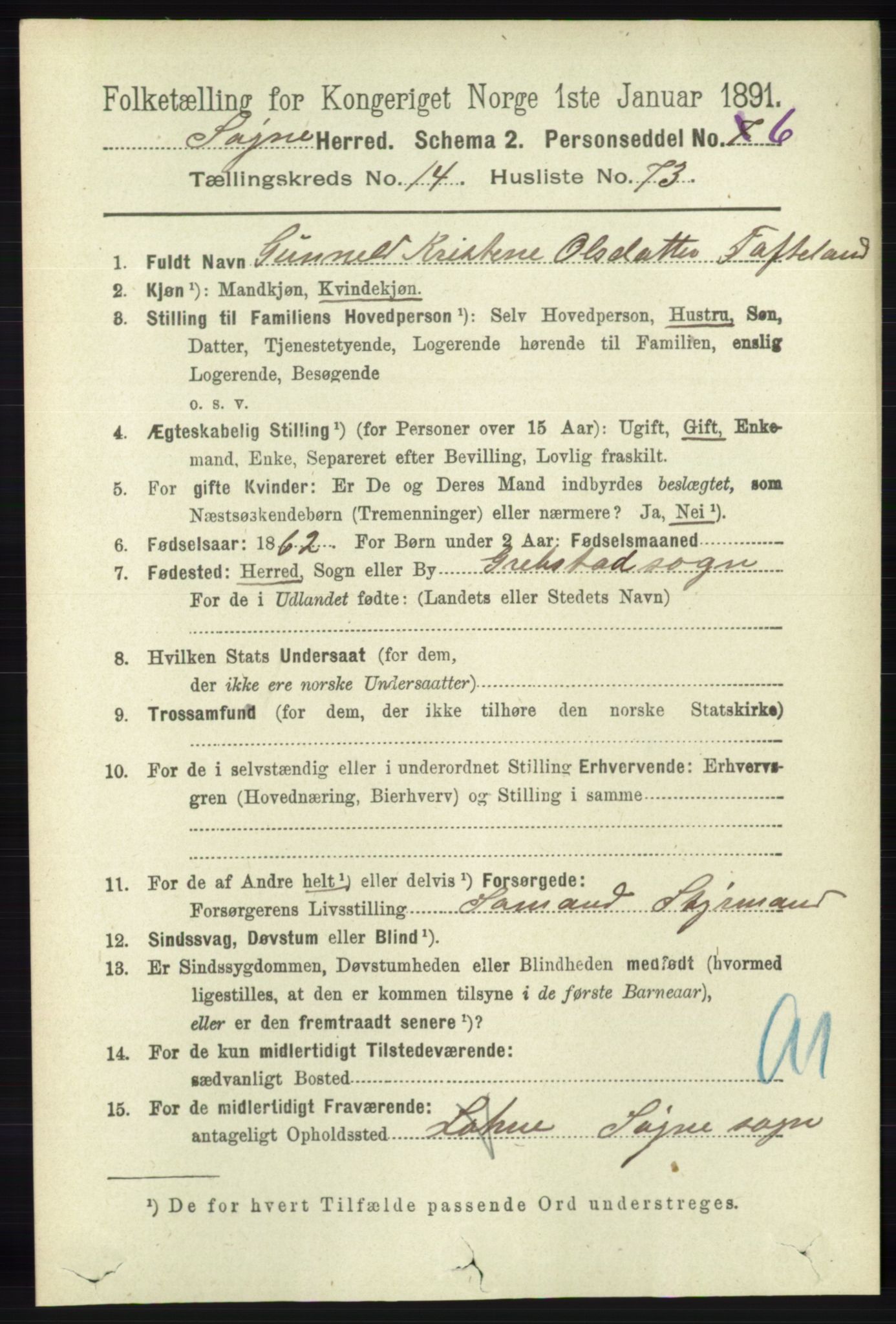 RA, 1891 census for 1018 Søgne, 1891, p. 3787