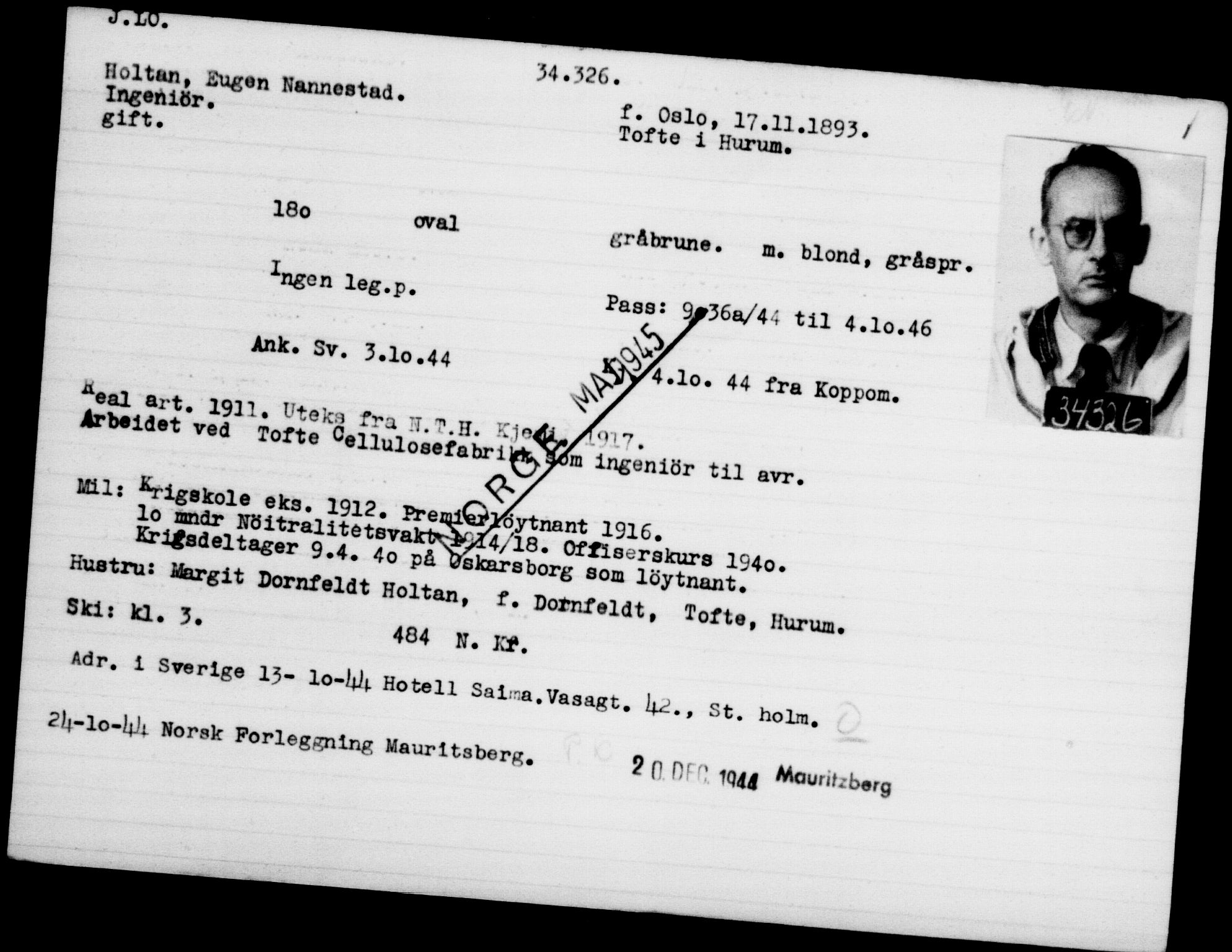 Utenriksstasjonene, Legasjonen i Stockholm, Flyktningkontoret, AV/RA-S-6753/V/Va/L0013: Kjesäterkartoteket, flyktninger med registreringsnr. 31500-34731, 1940-1945, p. 2979