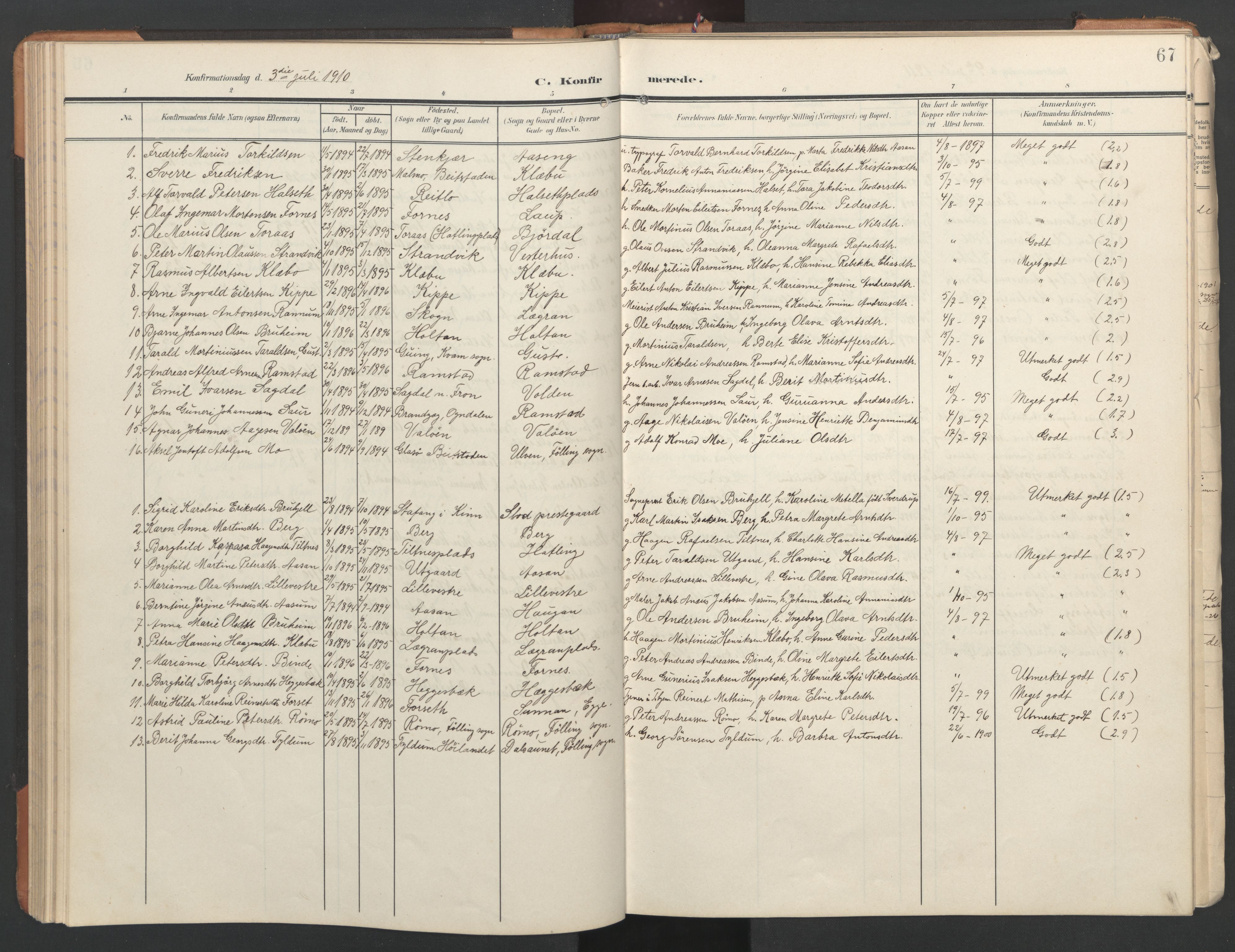 Ministerialprotokoller, klokkerbøker og fødselsregistre - Nord-Trøndelag, SAT/A-1458/746/L0455: Parish register (copy) no. 746C01, 1908-1933, p. 67