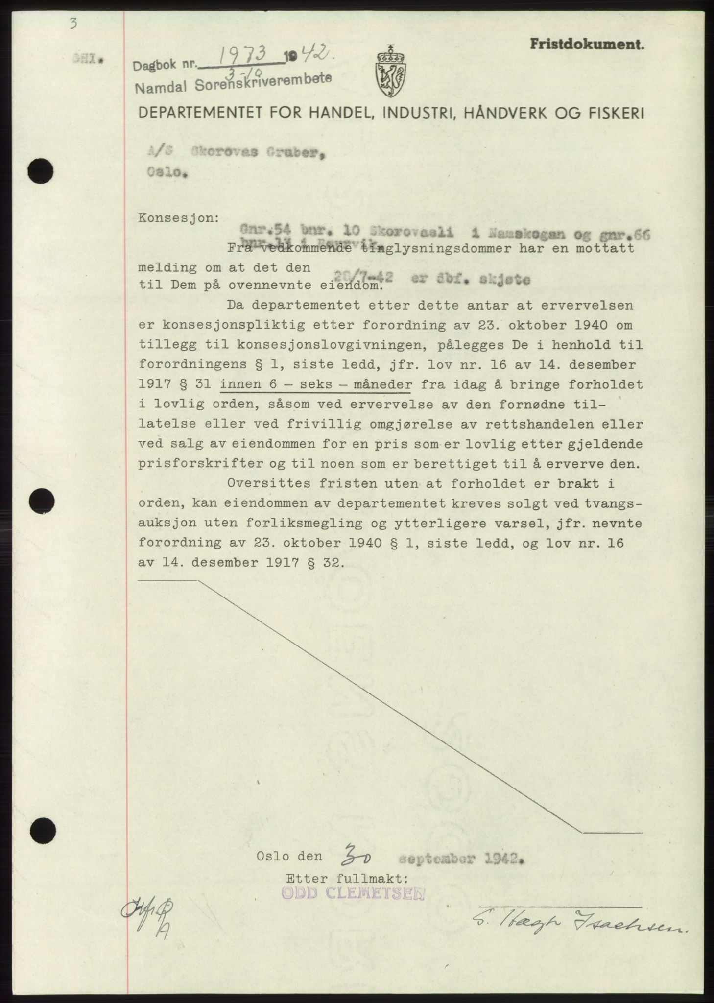 Namdal sorenskriveri, SAT/A-4133/1/2/2C: Mortgage book no. -, 1942-1943, Diary no: : 1973/1942