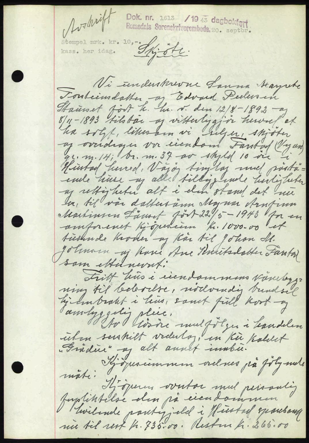 Romsdal sorenskriveri, AV/SAT-A-4149/1/2/2C: Mortgage book no. A14, 1943-1943, Diary no: : 1613/1943