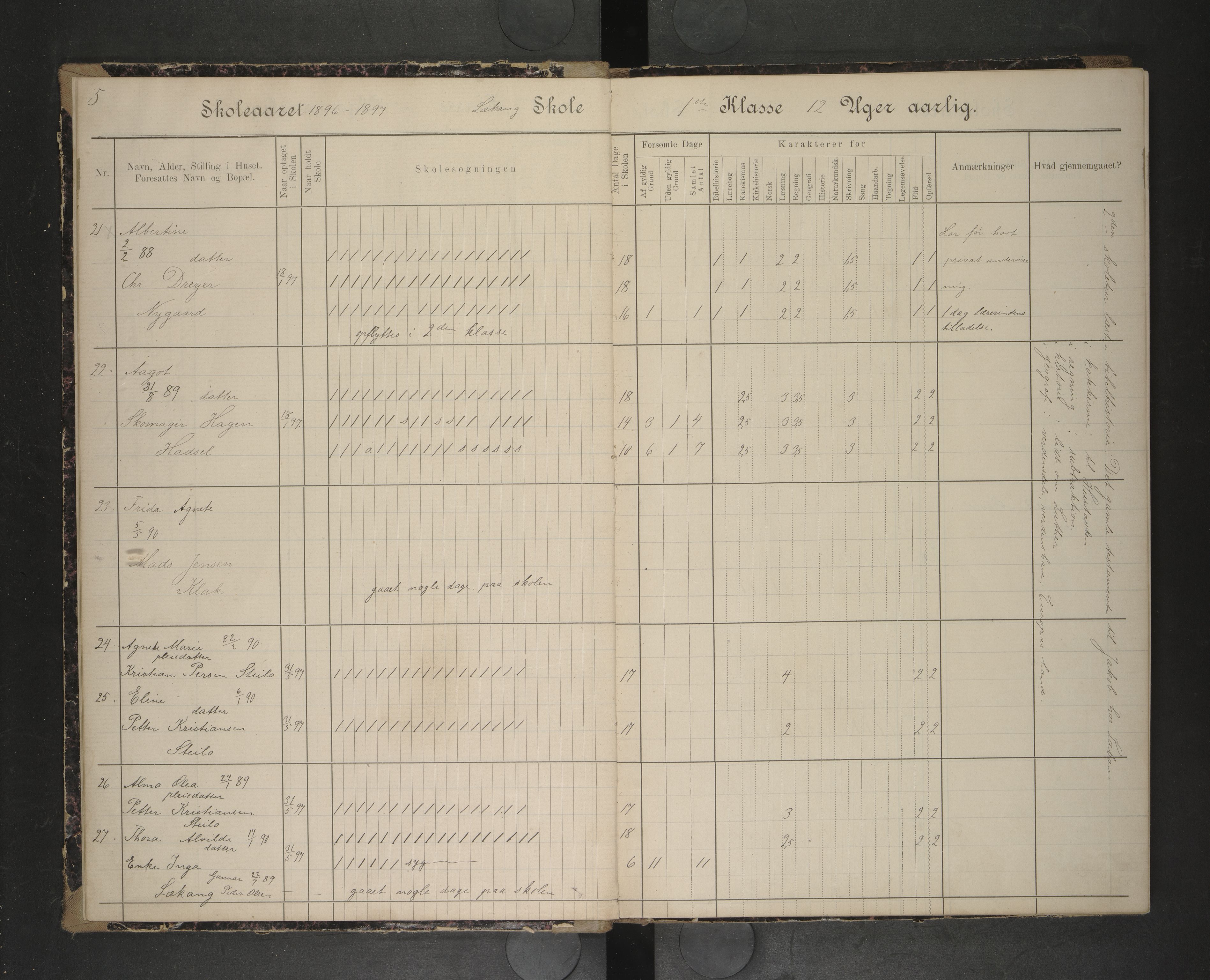 Hadsel kommune. Lekang, Husby og Ongstad skolekrets, AIN/K-18660.510.53/F/L0002: Skoleptorokoll for Lekang, Husby og Ongstad, 1896-1905