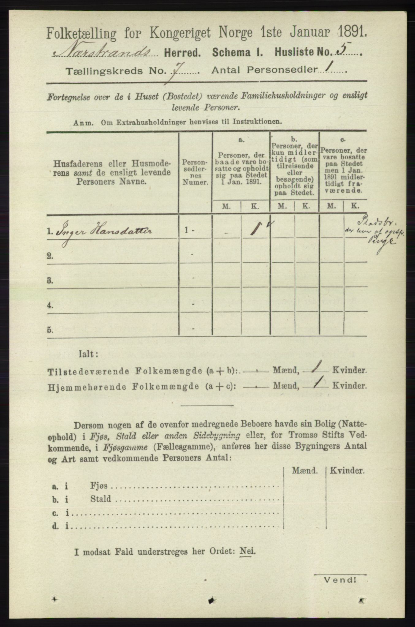 RA, 1891 census for 1139 Nedstrand, 1891, p. 1149