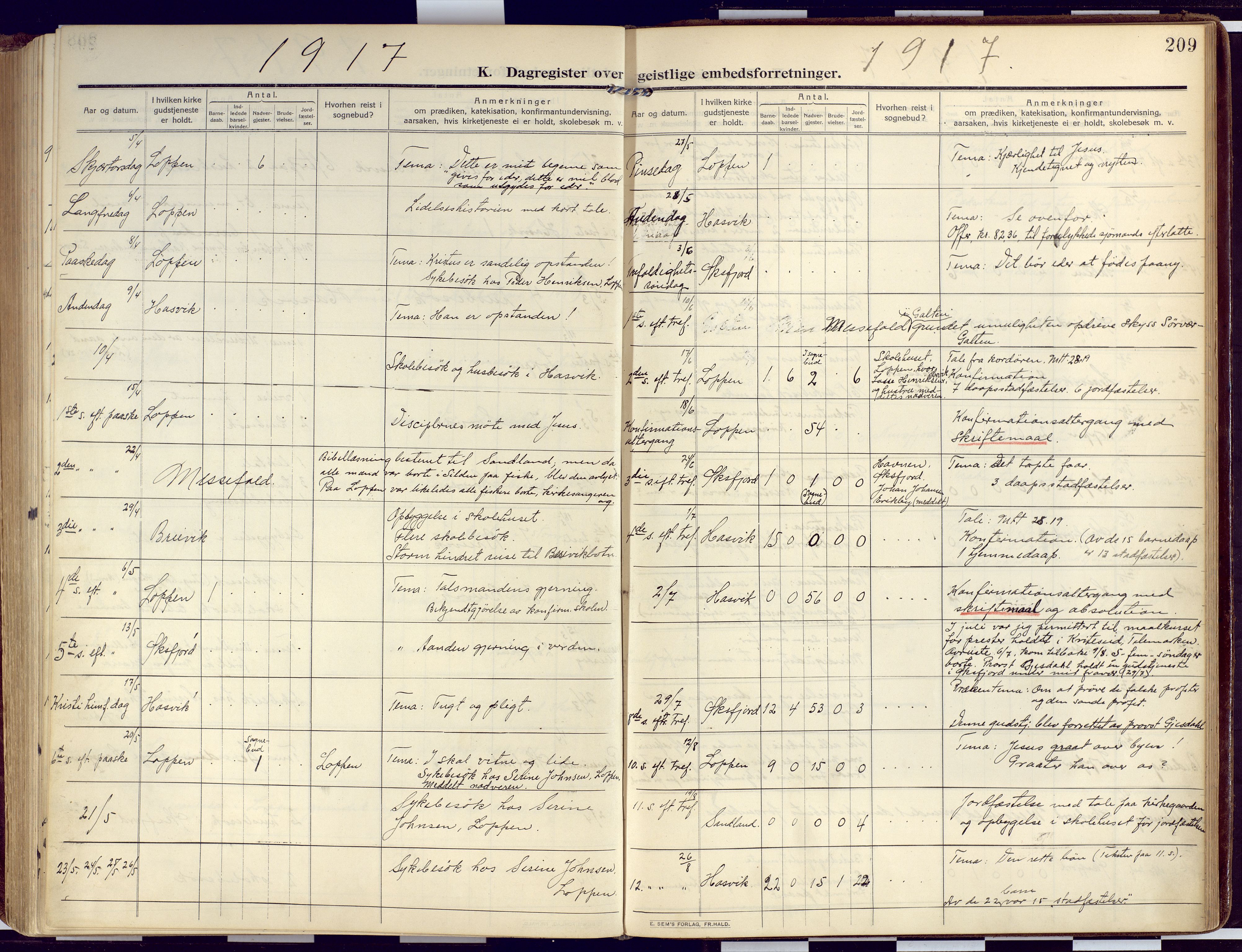 Loppa sokneprestkontor, SATØ/S-1339/H/Ha/L0011kirke: Parish register (official) no. 11, 1909-1919, p. 209