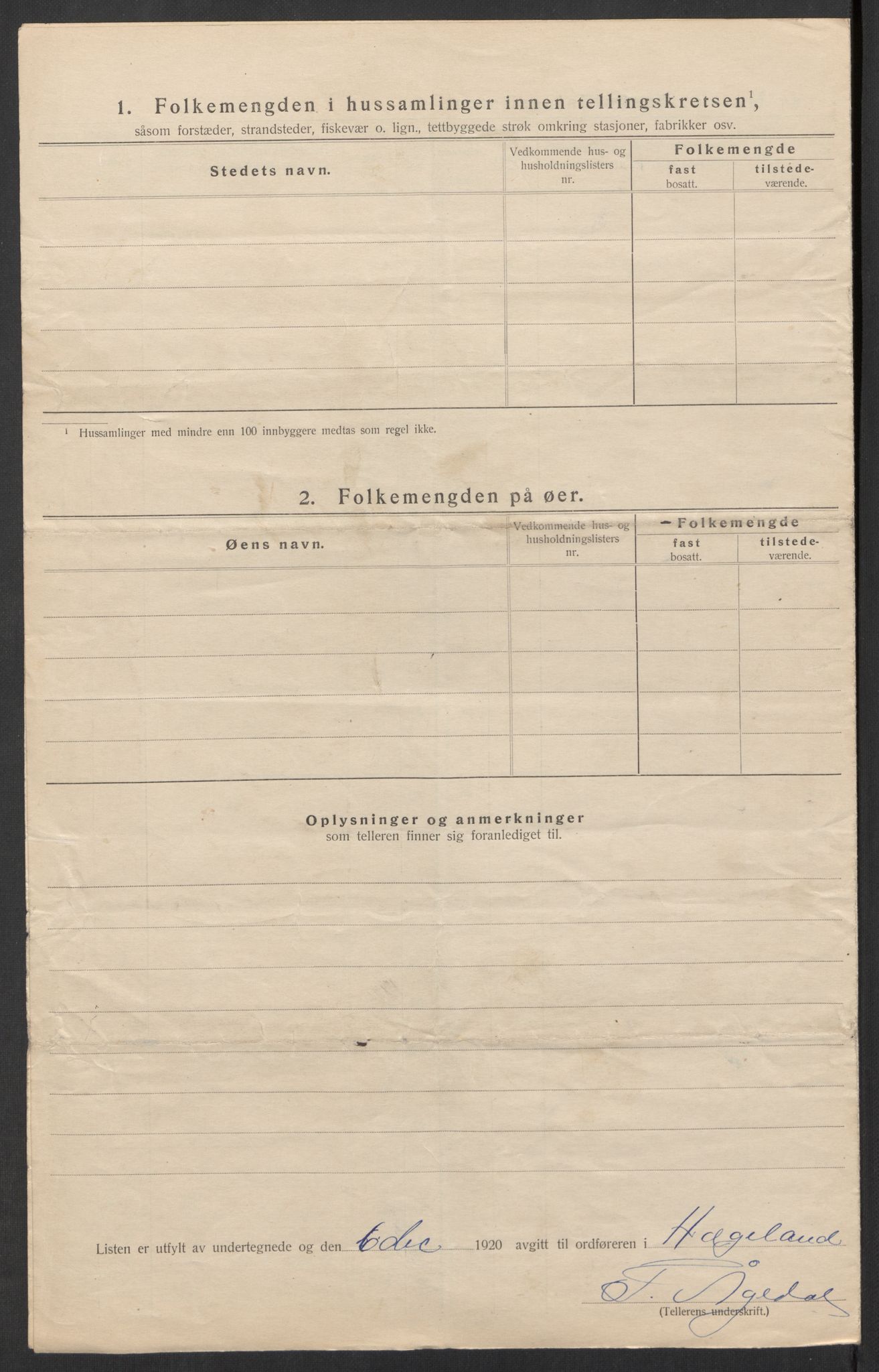 SAK, 1920 census for Hægeland, 1920, p. 14