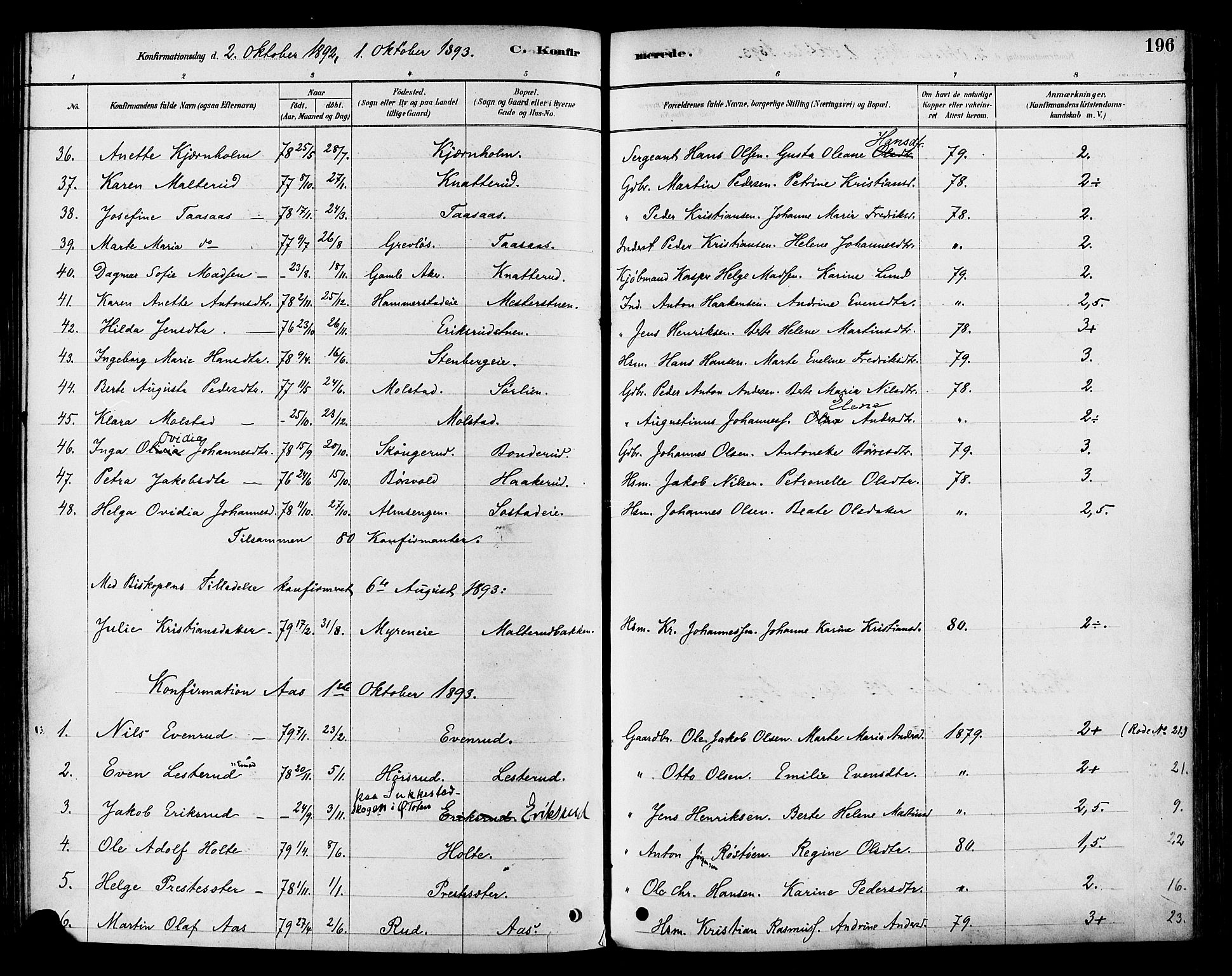 Vestre Toten prestekontor, SAH/PREST-108/H/Ha/Haa/L0009: Parish register (official) no. 9, 1878-1894, p. 196