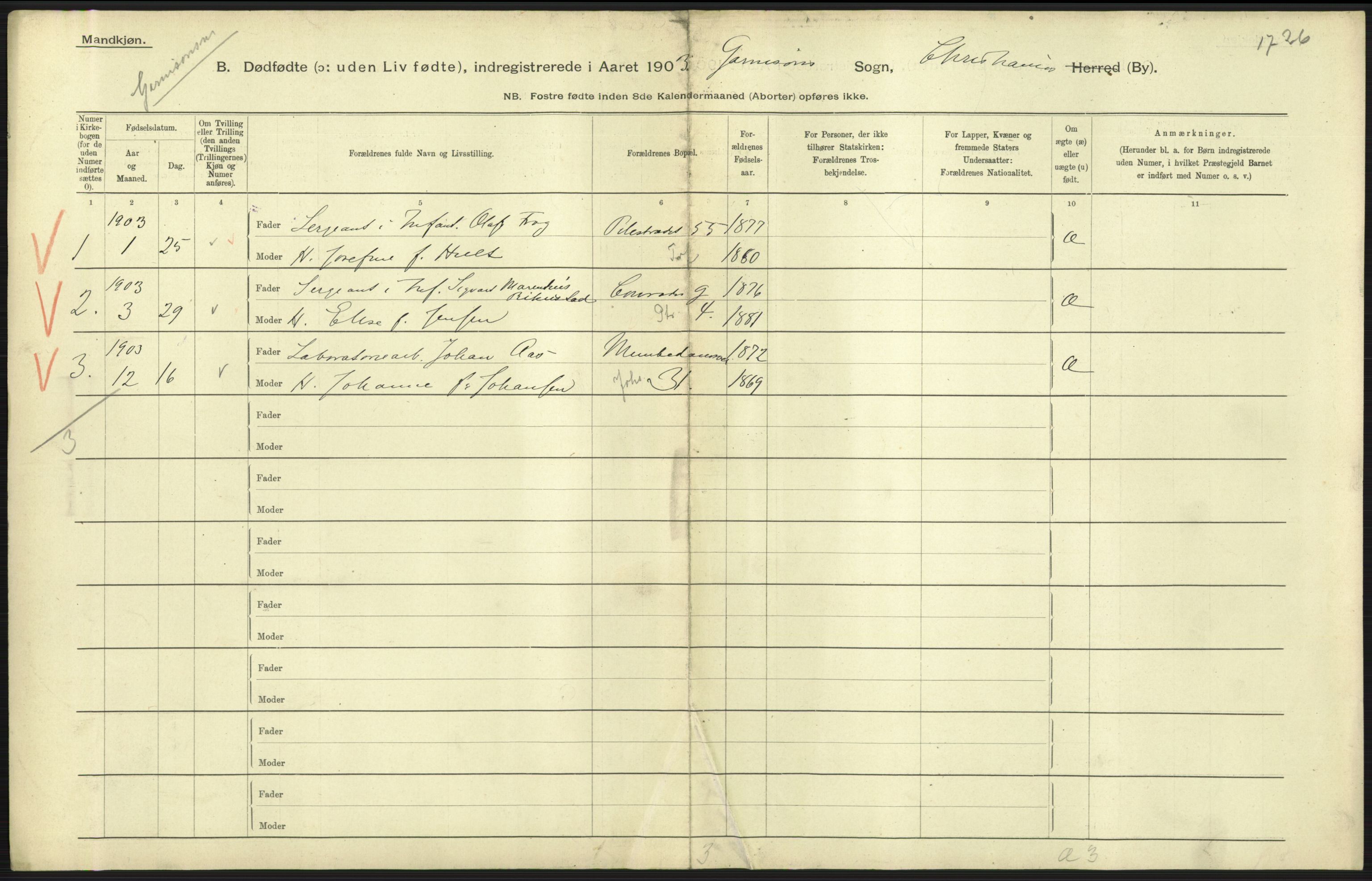 Statistisk sentralbyrå, Sosiodemografiske emner, Befolkning, AV/RA-S-2228/D/Df/Dfa/Dfaa/L0026: Smålenenes - Finnmarkens amt: Dødfødte. Byer., 1903, p. 81