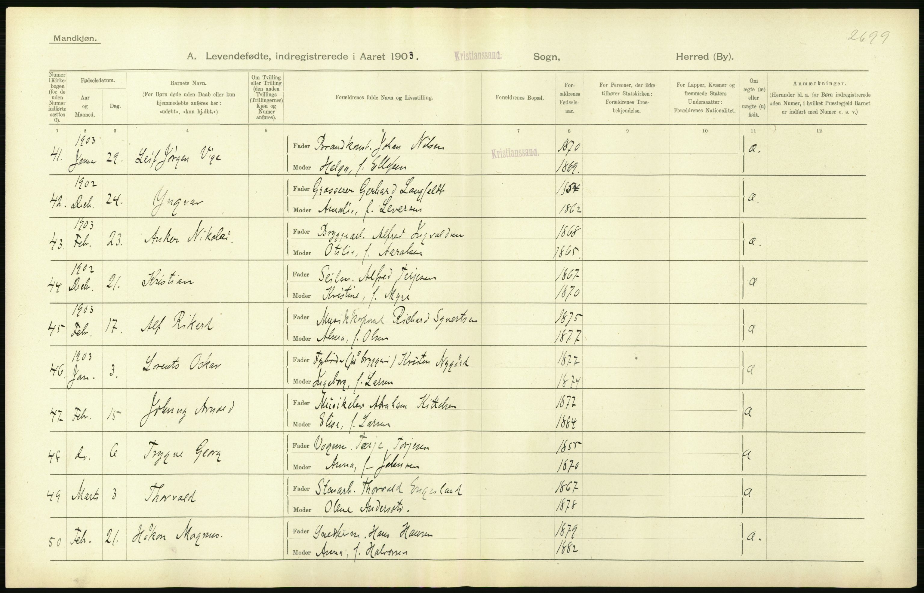 Statistisk sentralbyrå, Sosiodemografiske emner, Befolkning, AV/RA-S-2228/D/Df/Dfa/Dfaa/L0011: Lister og Mandal amt: Fødte, gifte, døde, 1903, p. 264