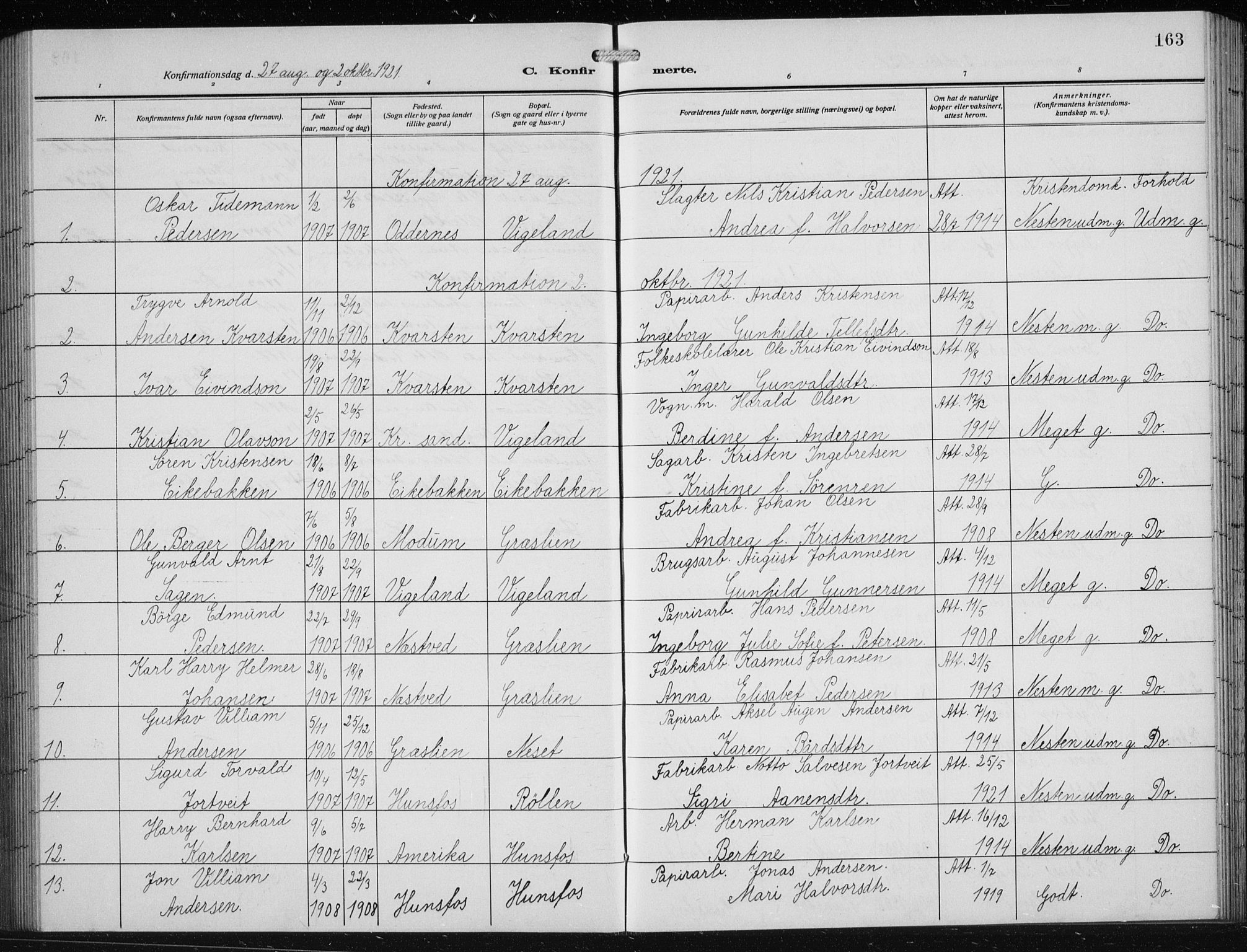 Vennesla sokneprestkontor, SAK/1111-0045/Fb/Fbb/L0006: Parish register (copy) no. B 6, 1914-1921, p. 163