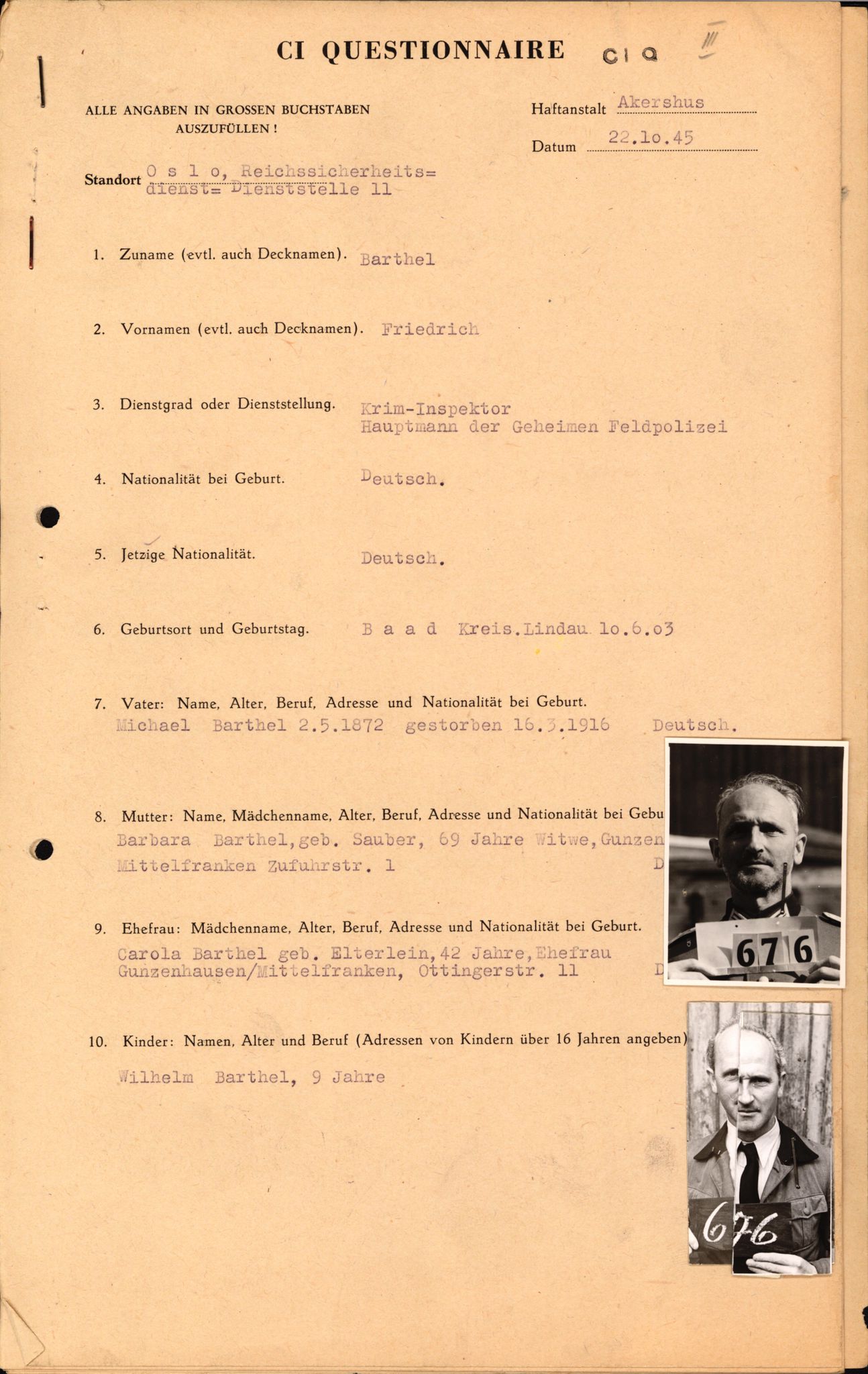 Forsvaret, Forsvarets overkommando II, RA/RAFA-3915/D/Db/L0002: CI Questionaires. Tyske okkupasjonsstyrker i Norge. Tyskere., 1945-1946, p. 132