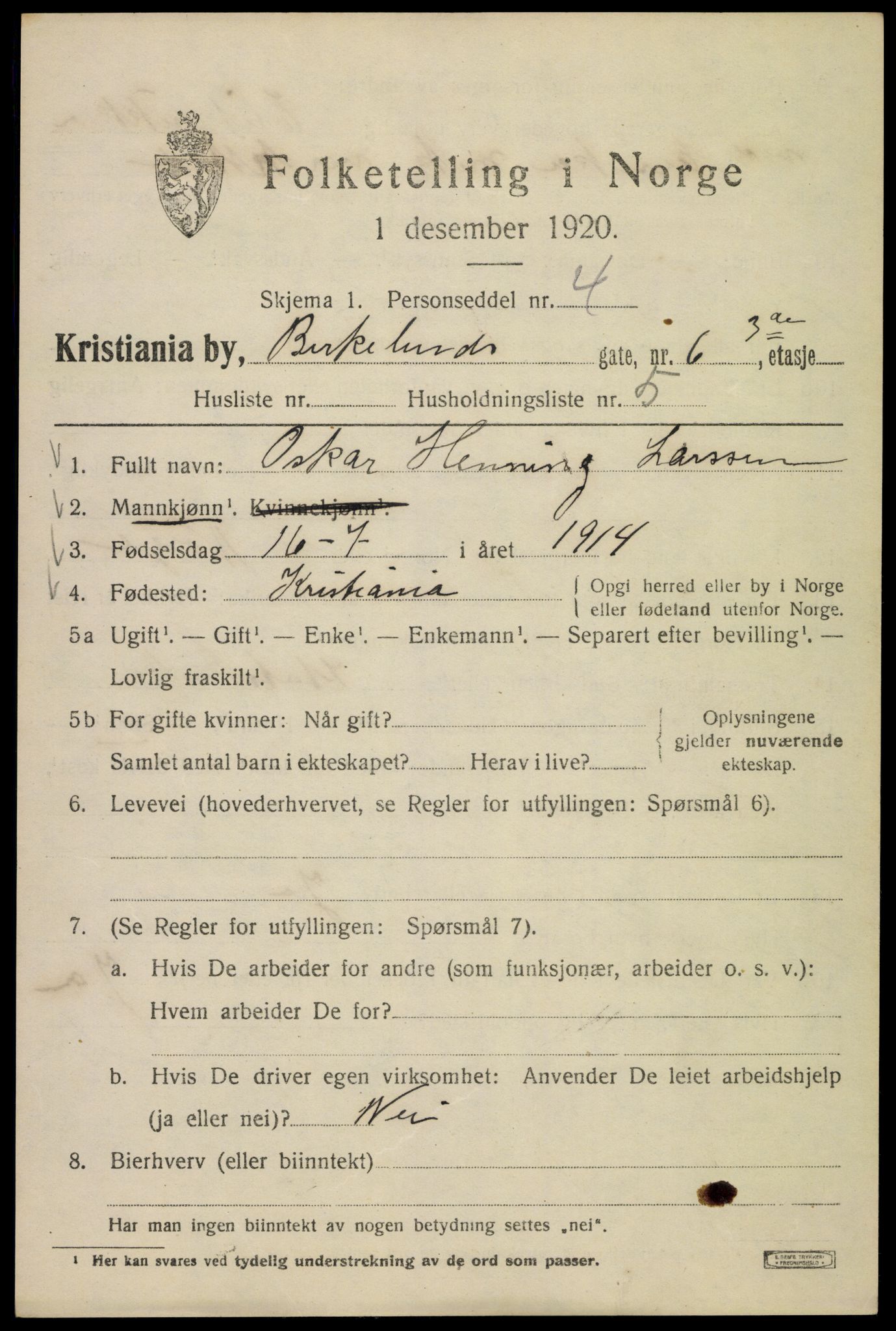 SAO, 1920 census for Kristiania, 1920, p. 156909