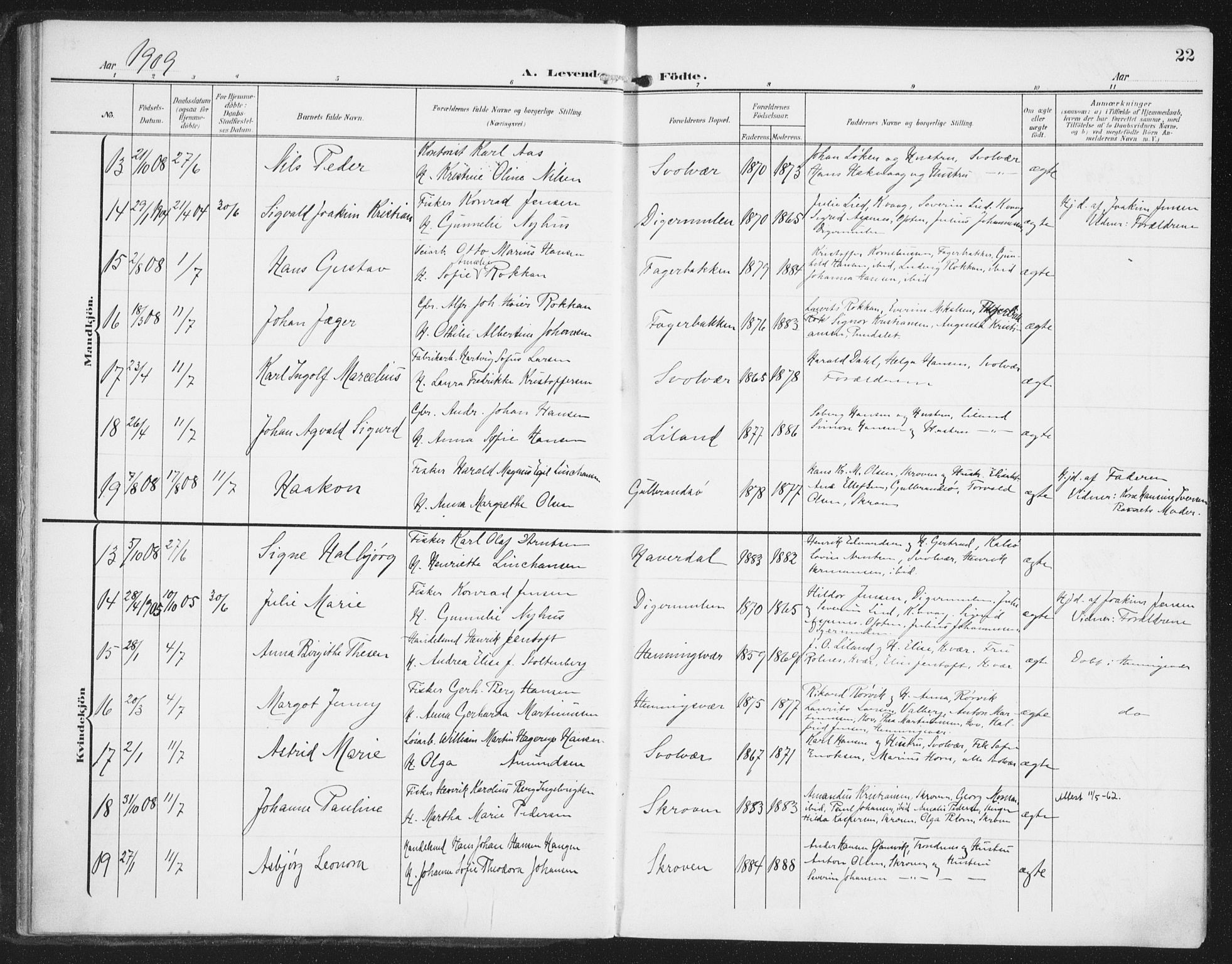 Ministerialprotokoller, klokkerbøker og fødselsregistre - Nordland, SAT/A-1459/874/L1063: Parish register (official) no. 874A07, 1907-1915, p. 22