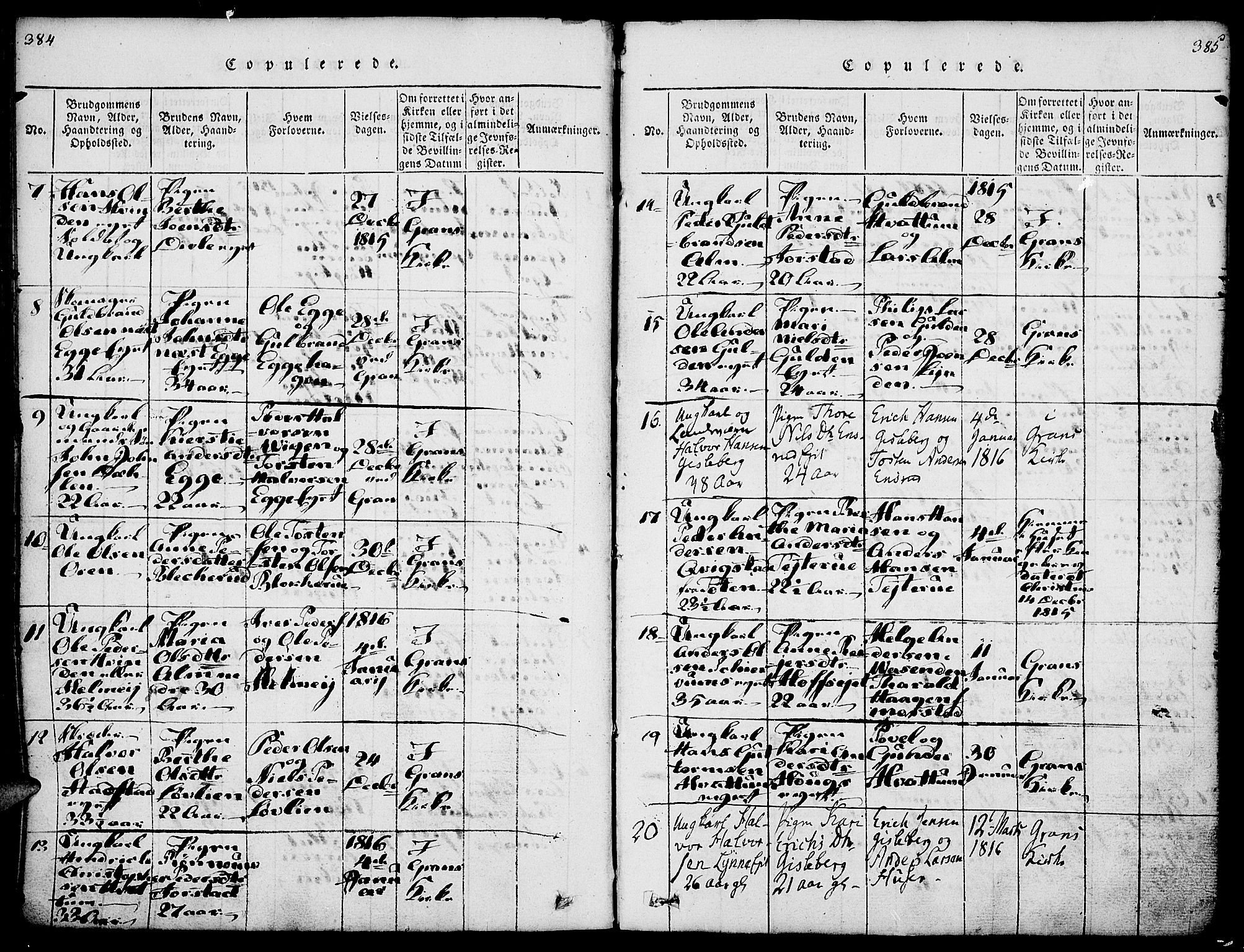 Gran prestekontor, SAH/PREST-112/H/Ha/Haa/L0009: Parish register (official) no. 9, 1815-1824, p. 384-385